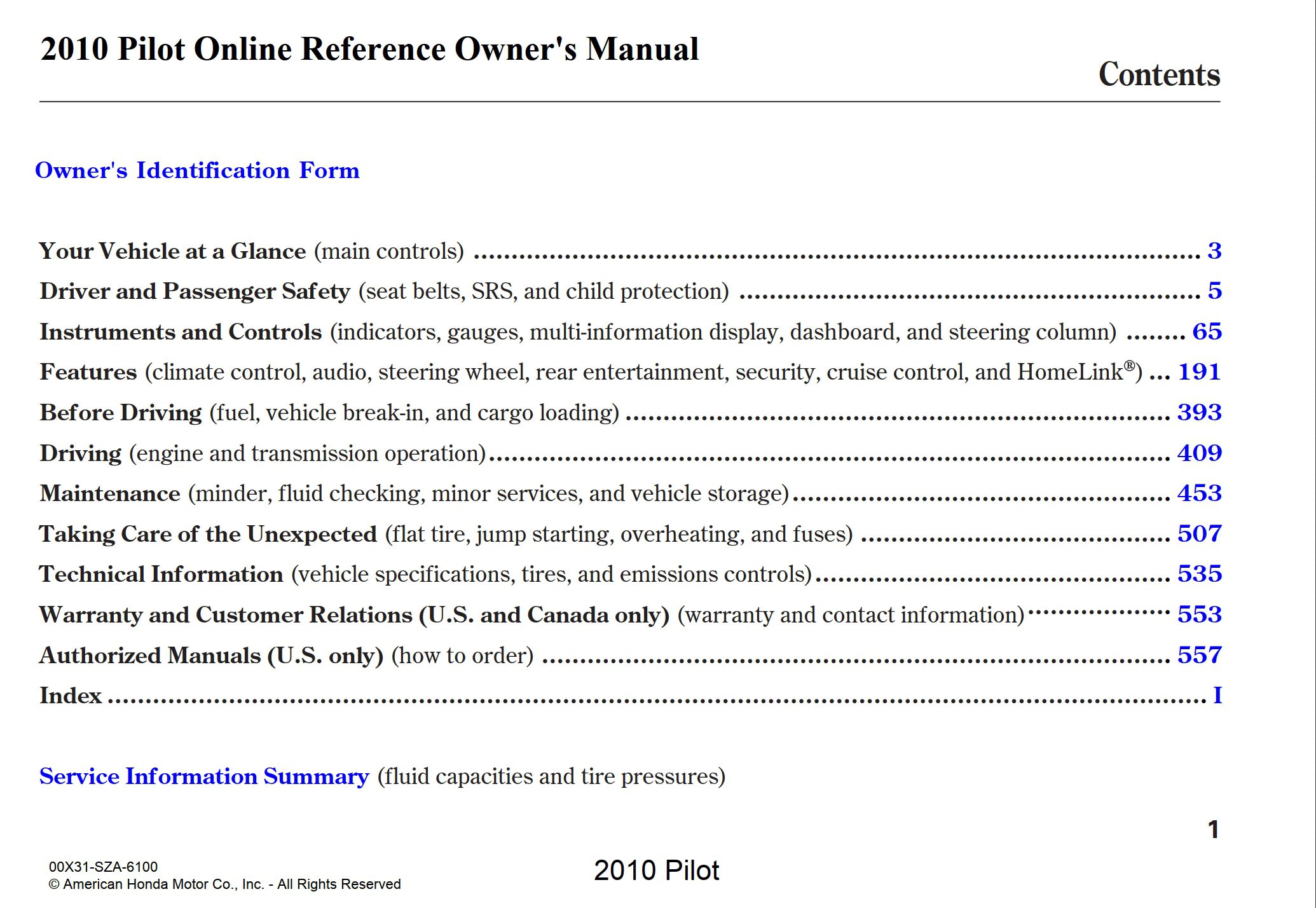 2010 honda pilot owner's manual