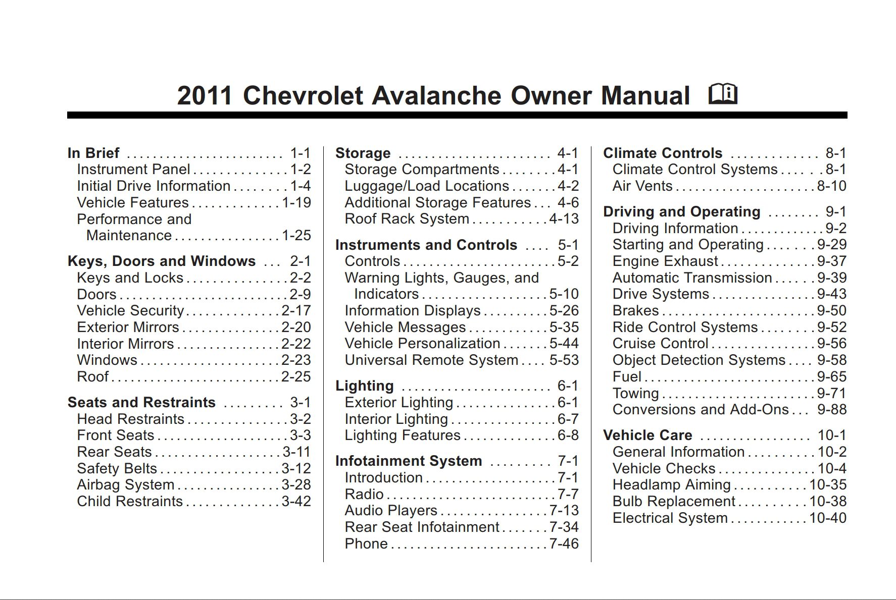 2011 chevrolet avalanche owner's manual