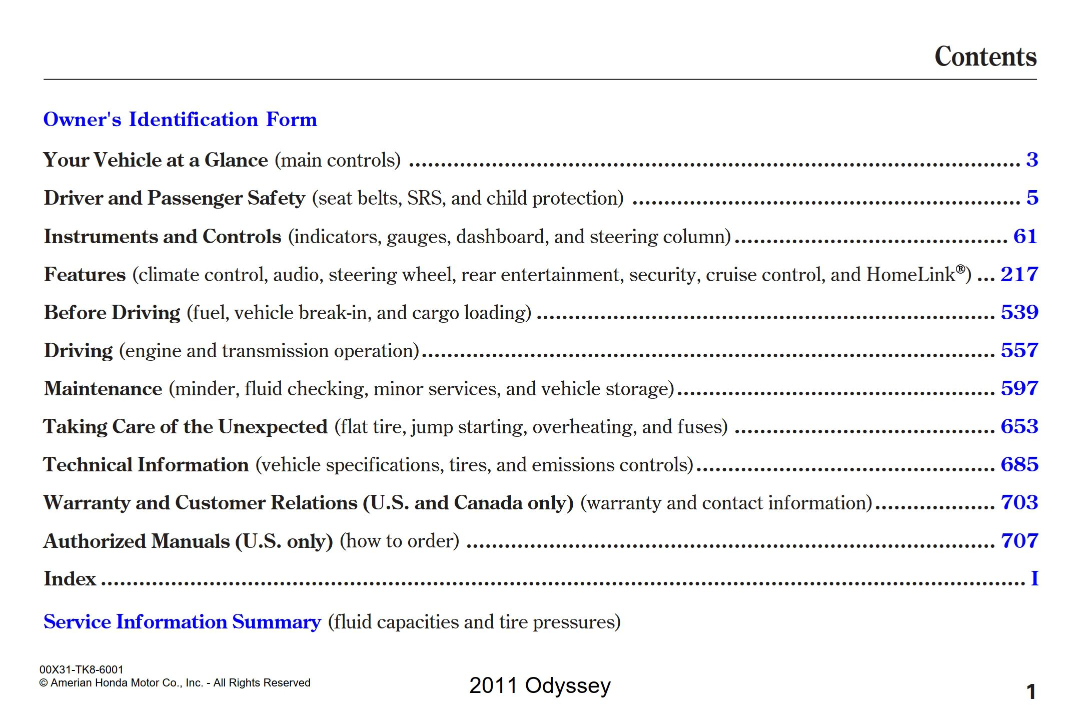 2011 honda odyssey owner's manual