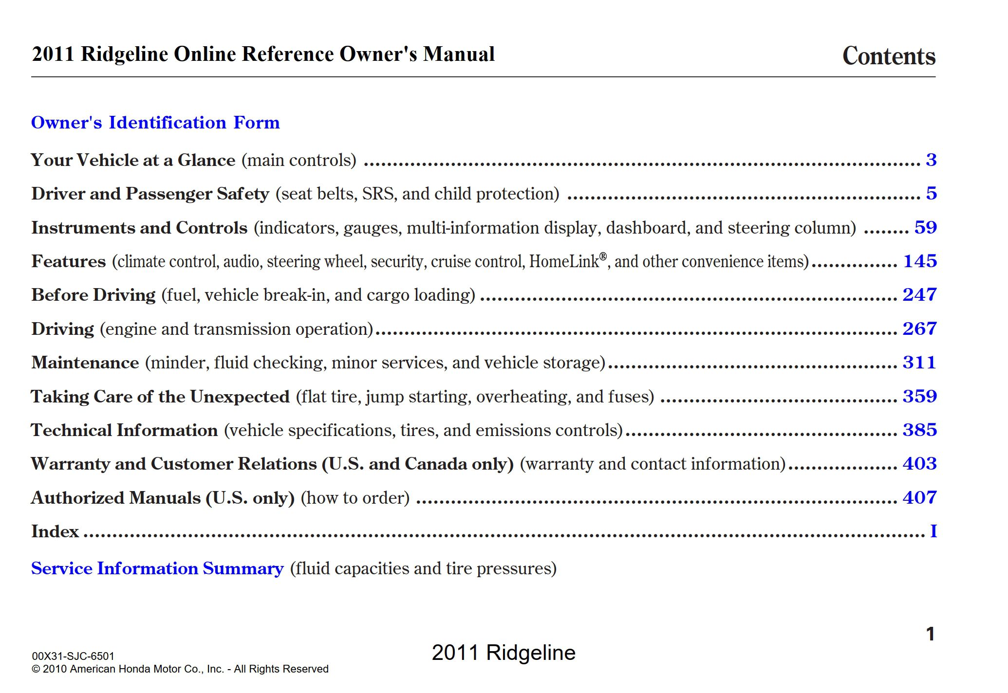 2011 honda ridgeline owner's manual