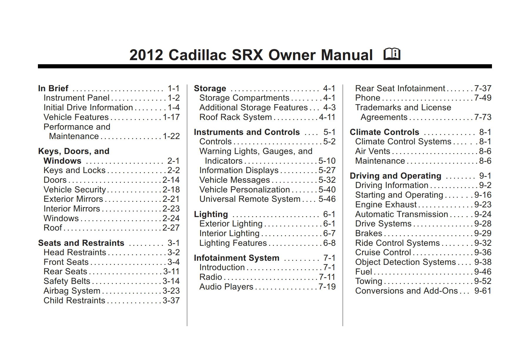 2012 cadillac srx owner's manual