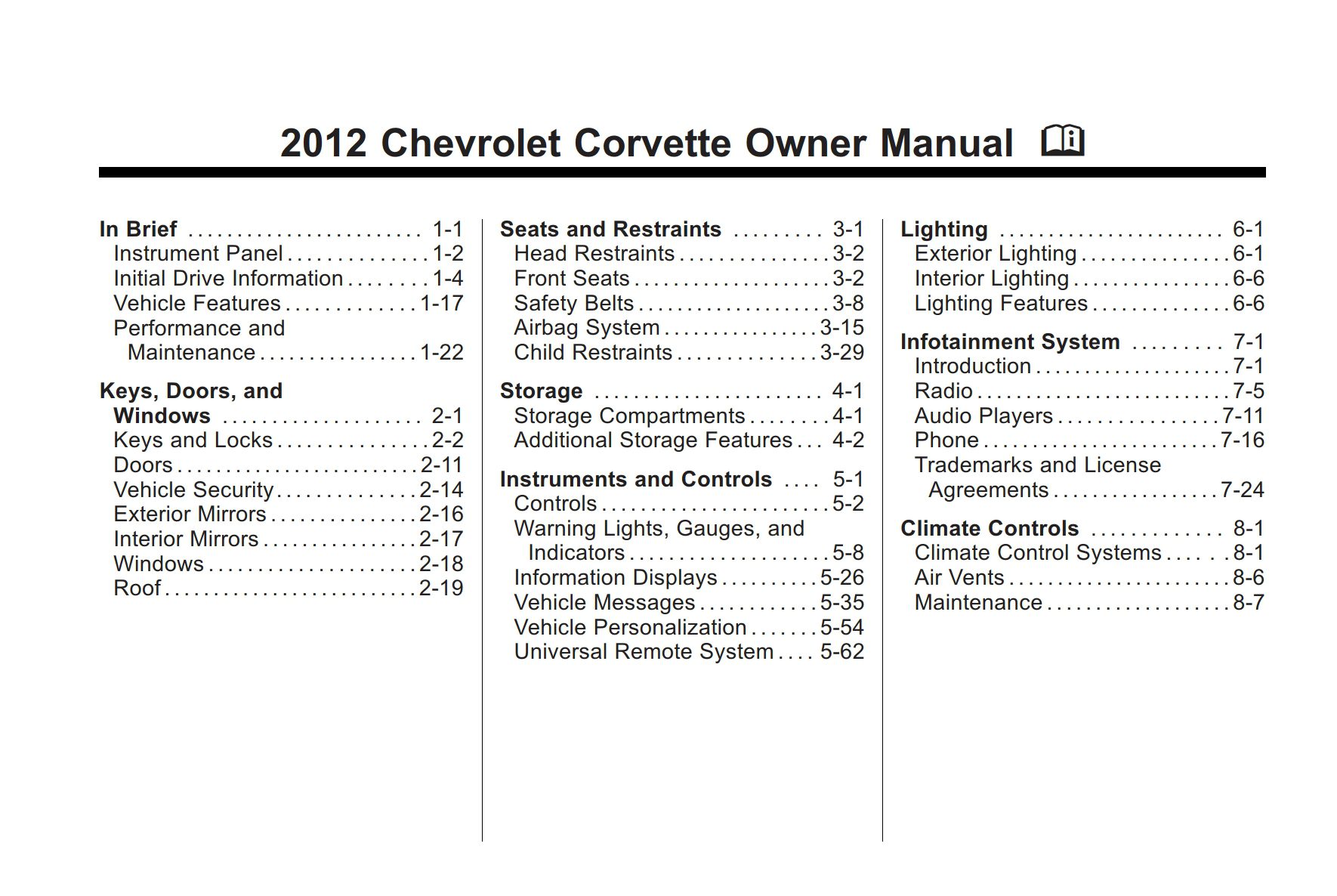 2012 chevrolet corvette owner's manual