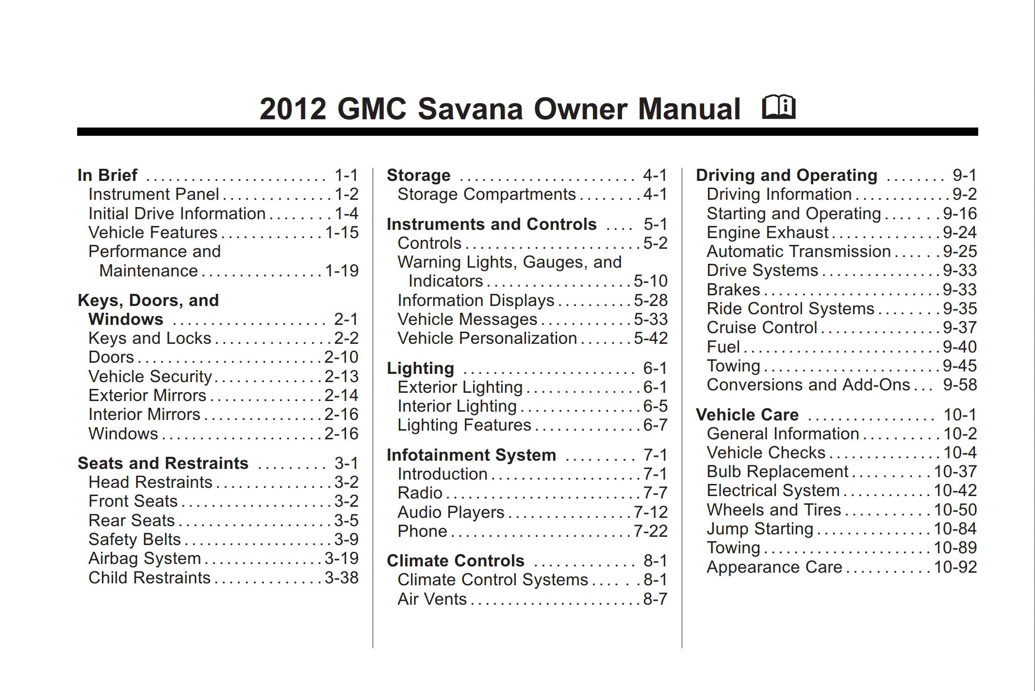 2012 gmc savana owner's manual