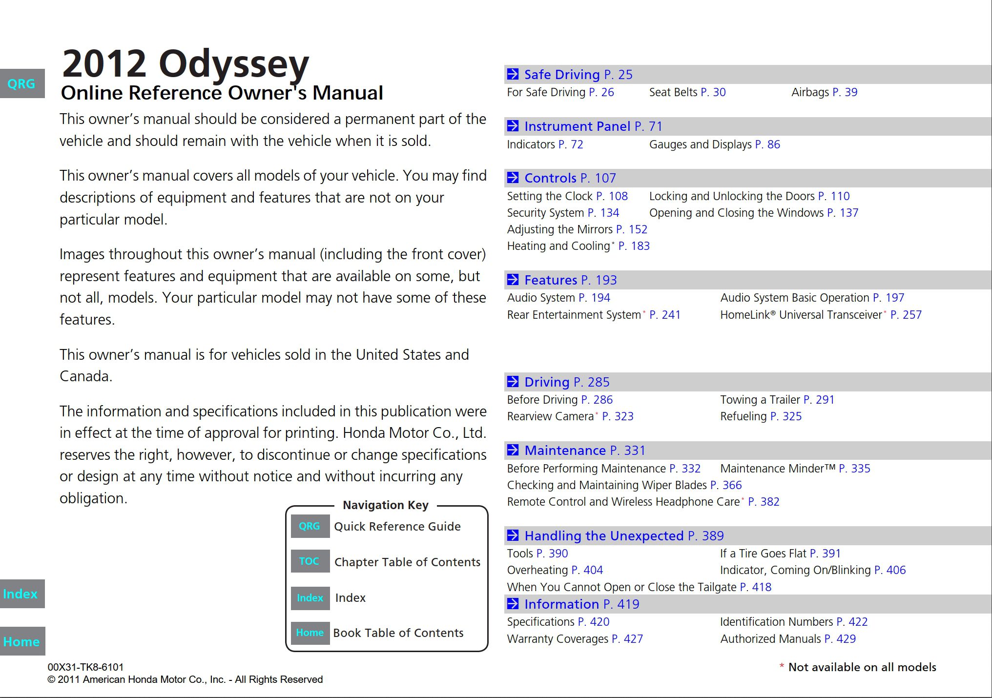 2012 honda odyssey owner's manual