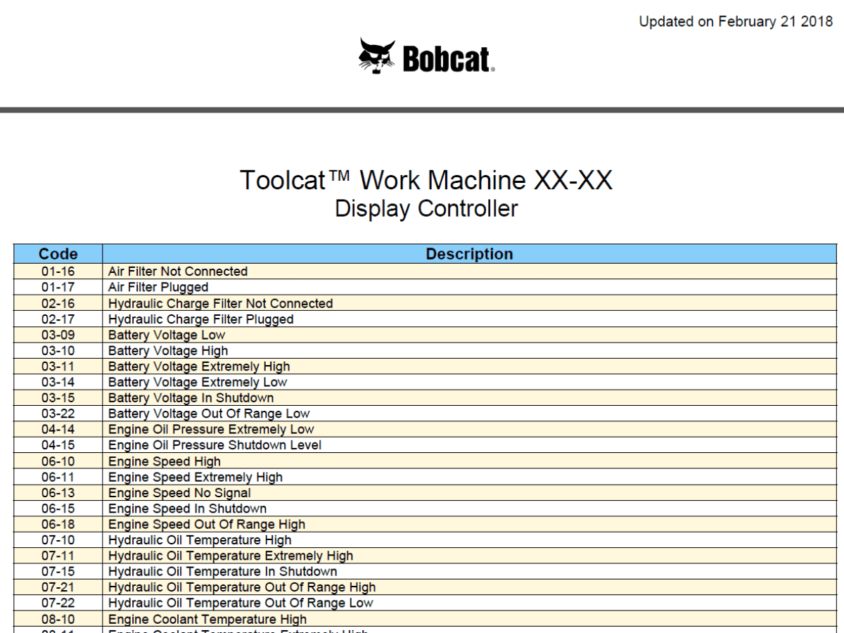 bobcat fault codes