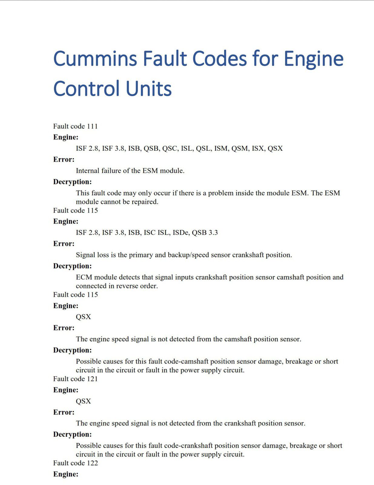 cummins isf 2.8, isb, isc, isle, 4isbe, 6isbe, isde, ism, qsm, isx, qsx engine trouble codes