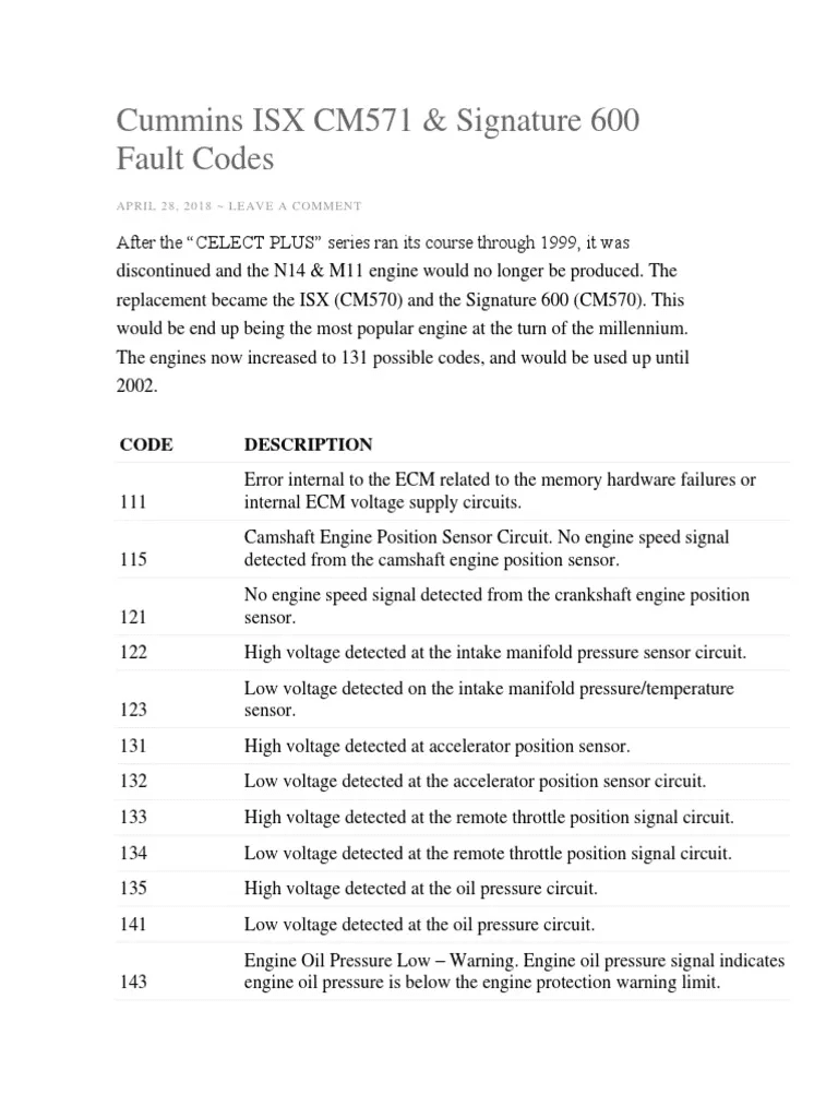 cummins isx engine trouble codes (dtcs)