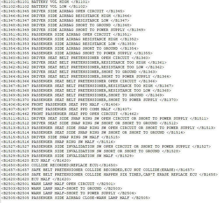 geely air bag system fault codes