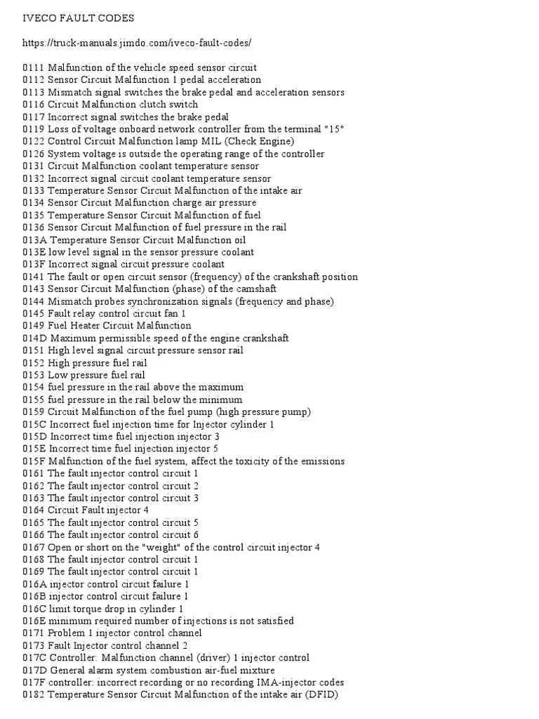 list of malfunction codes for the iveco trakker