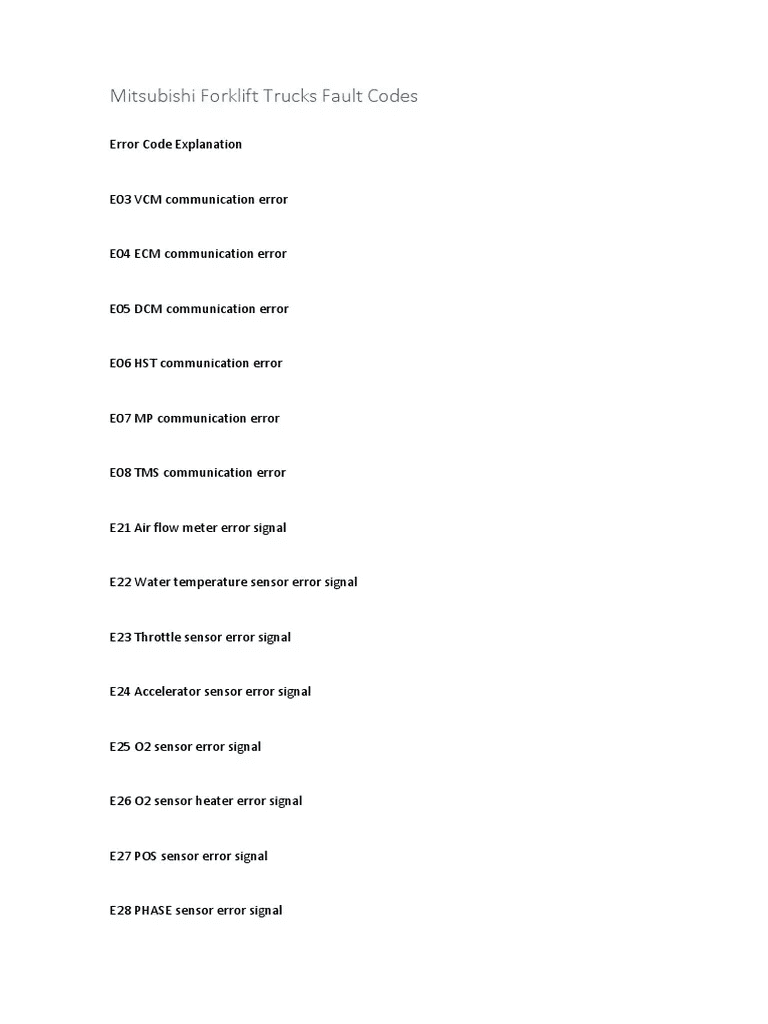 list of malfunctions and fault codes for mitsubishi forklift trucks