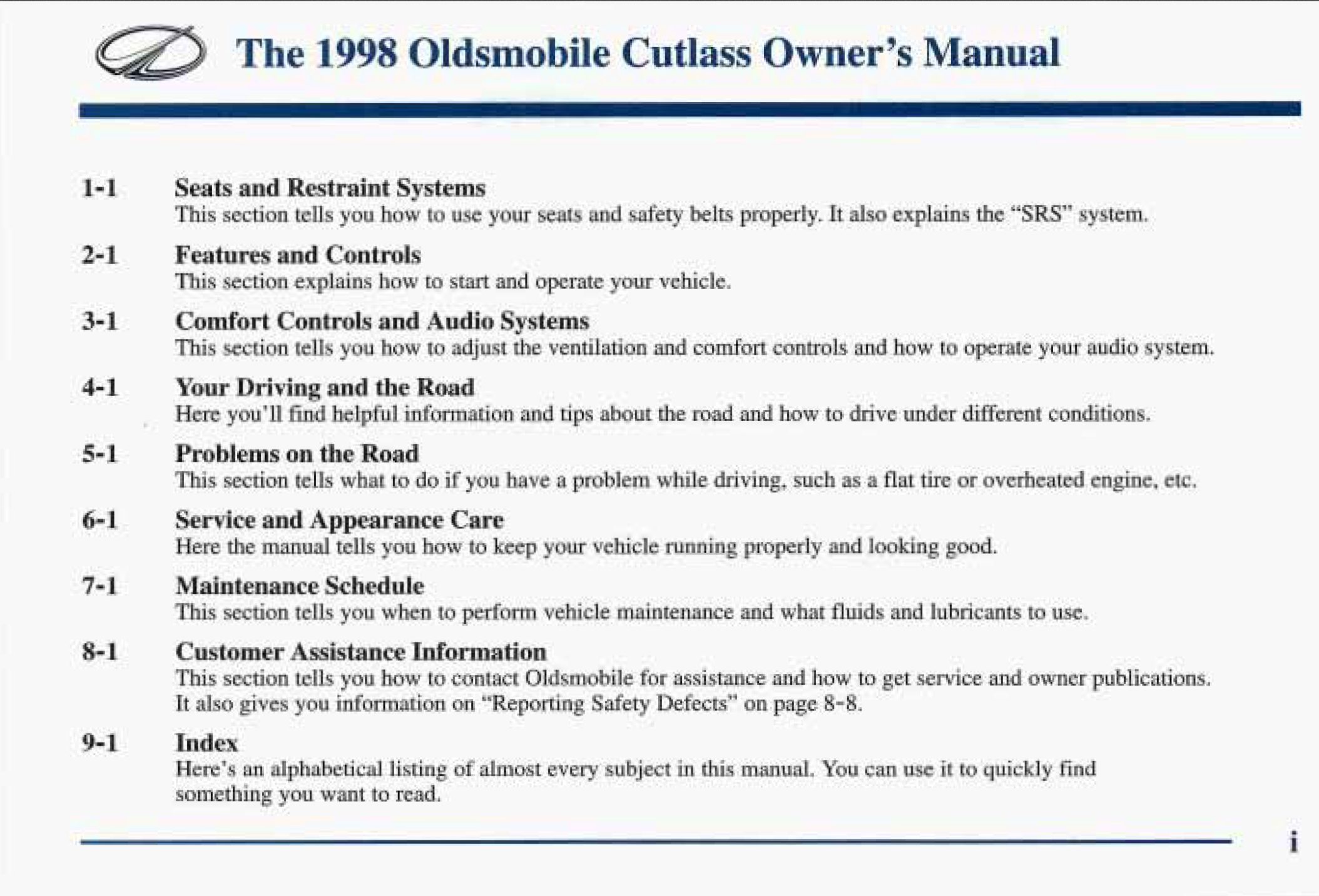 1998 oldsmobile cutlass owner's manual