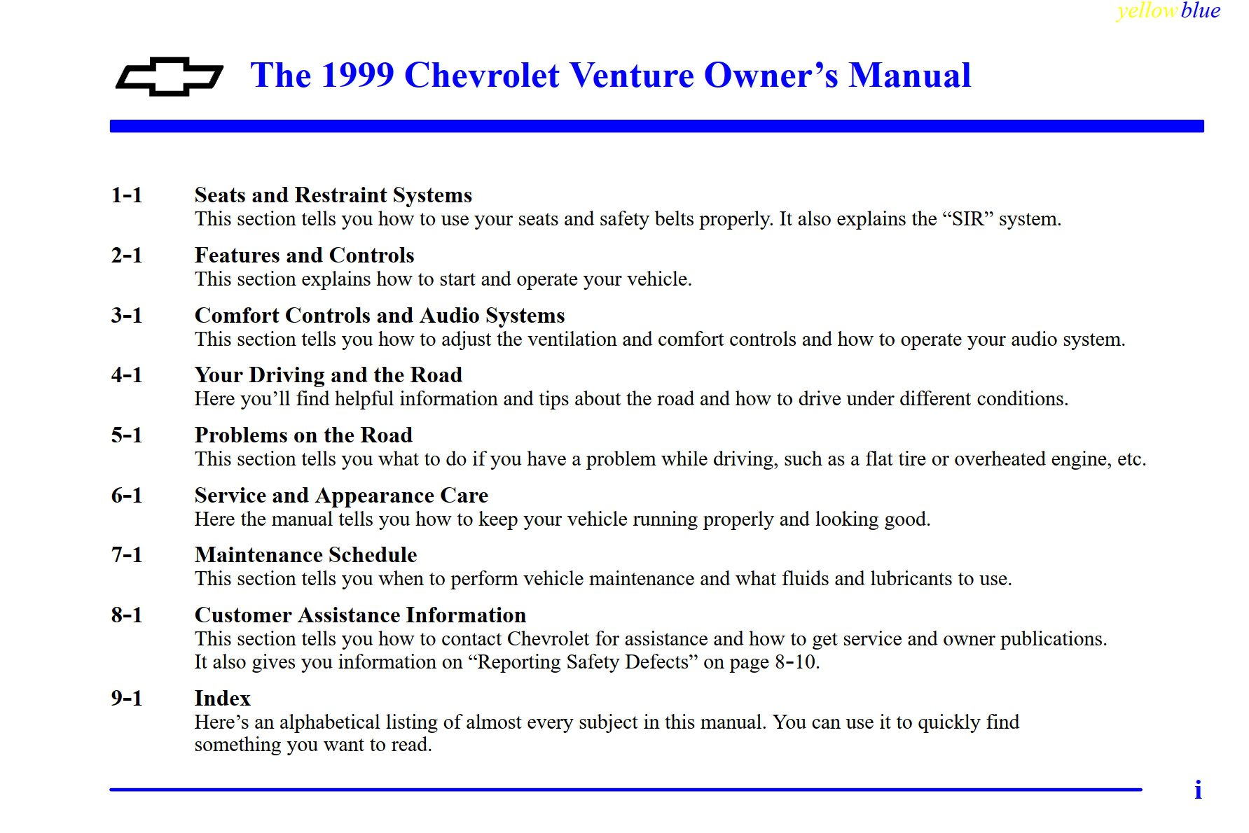 1999 chevrolet venture owner's manual