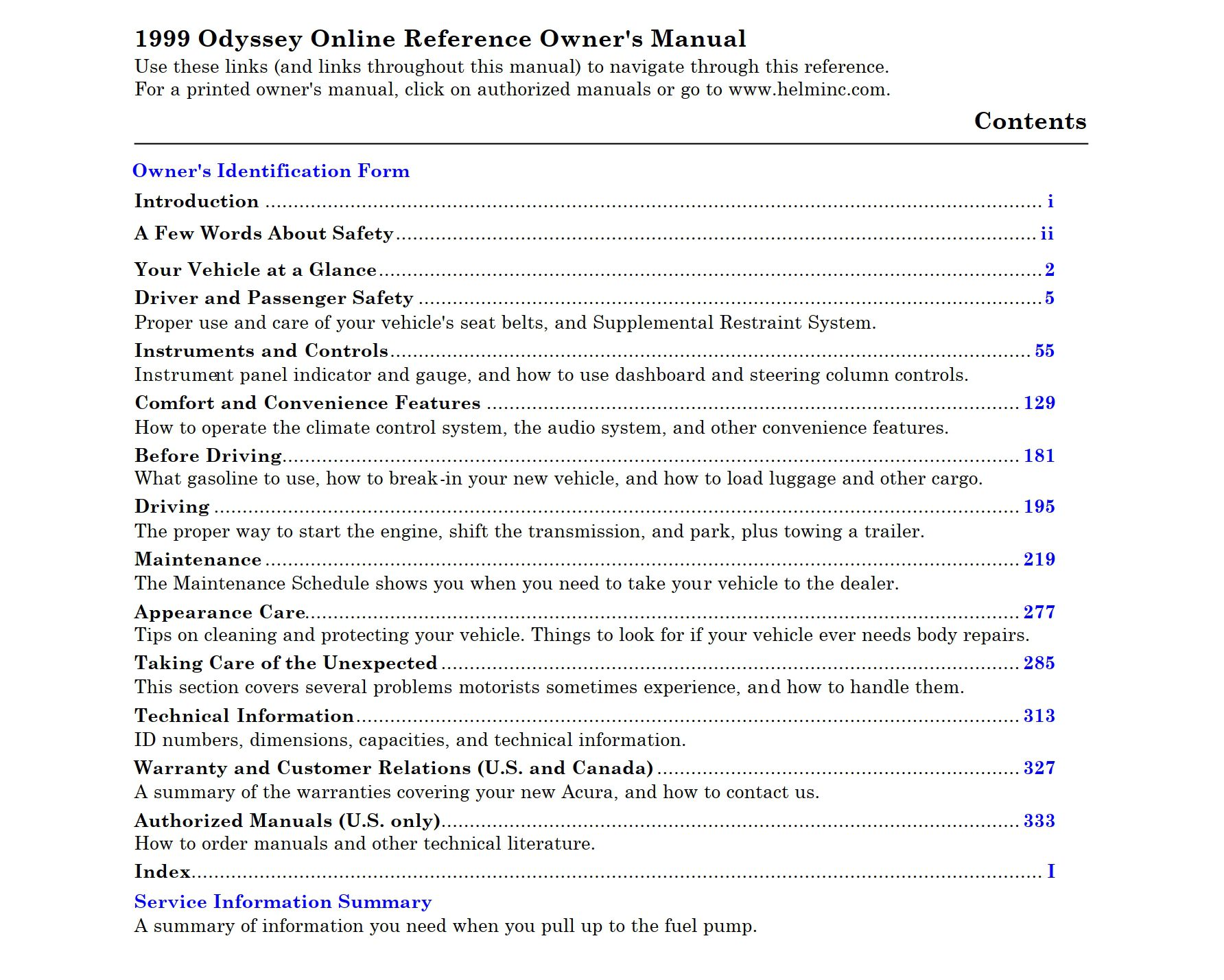 1999 honda odyssey owner's manual