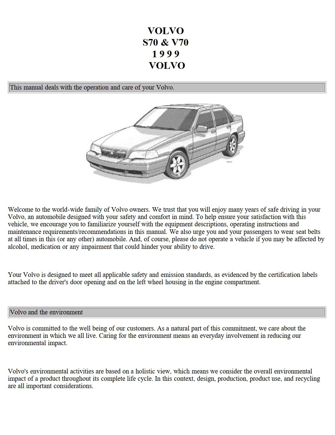 1999 volvo s70 v70 owner's manual