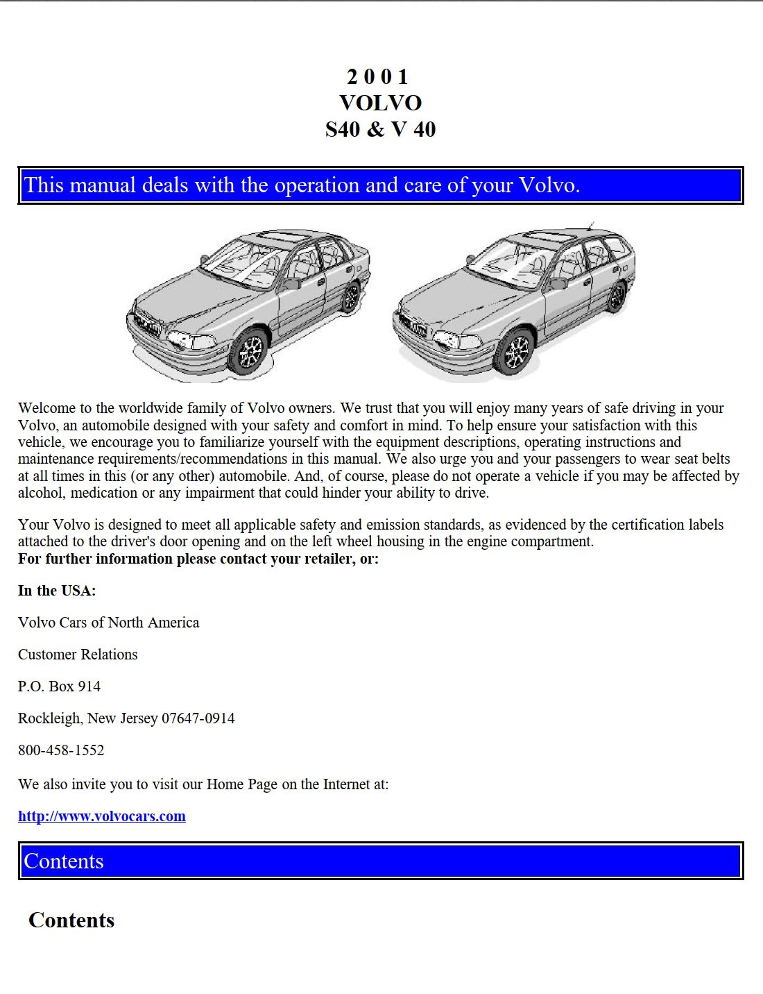 2001 volvo s40 v40 owner's manual