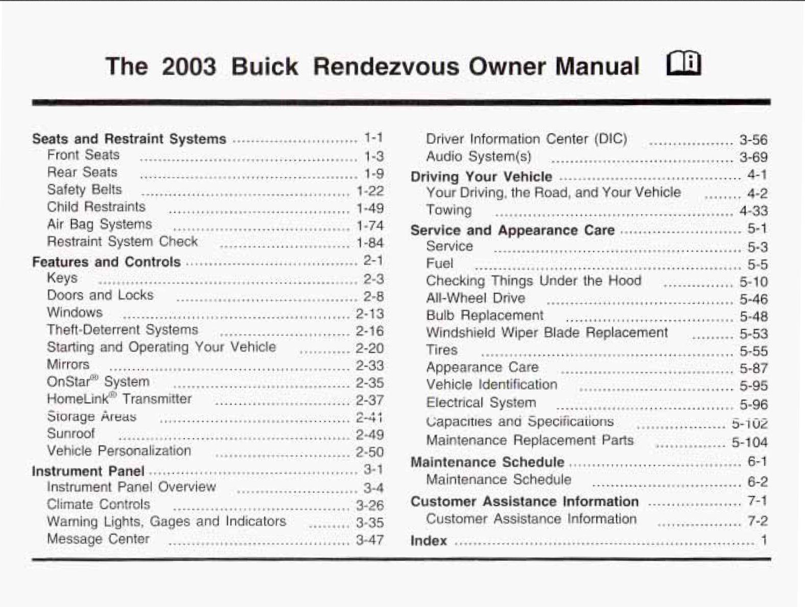 2003 buick rendezvous owner's manual