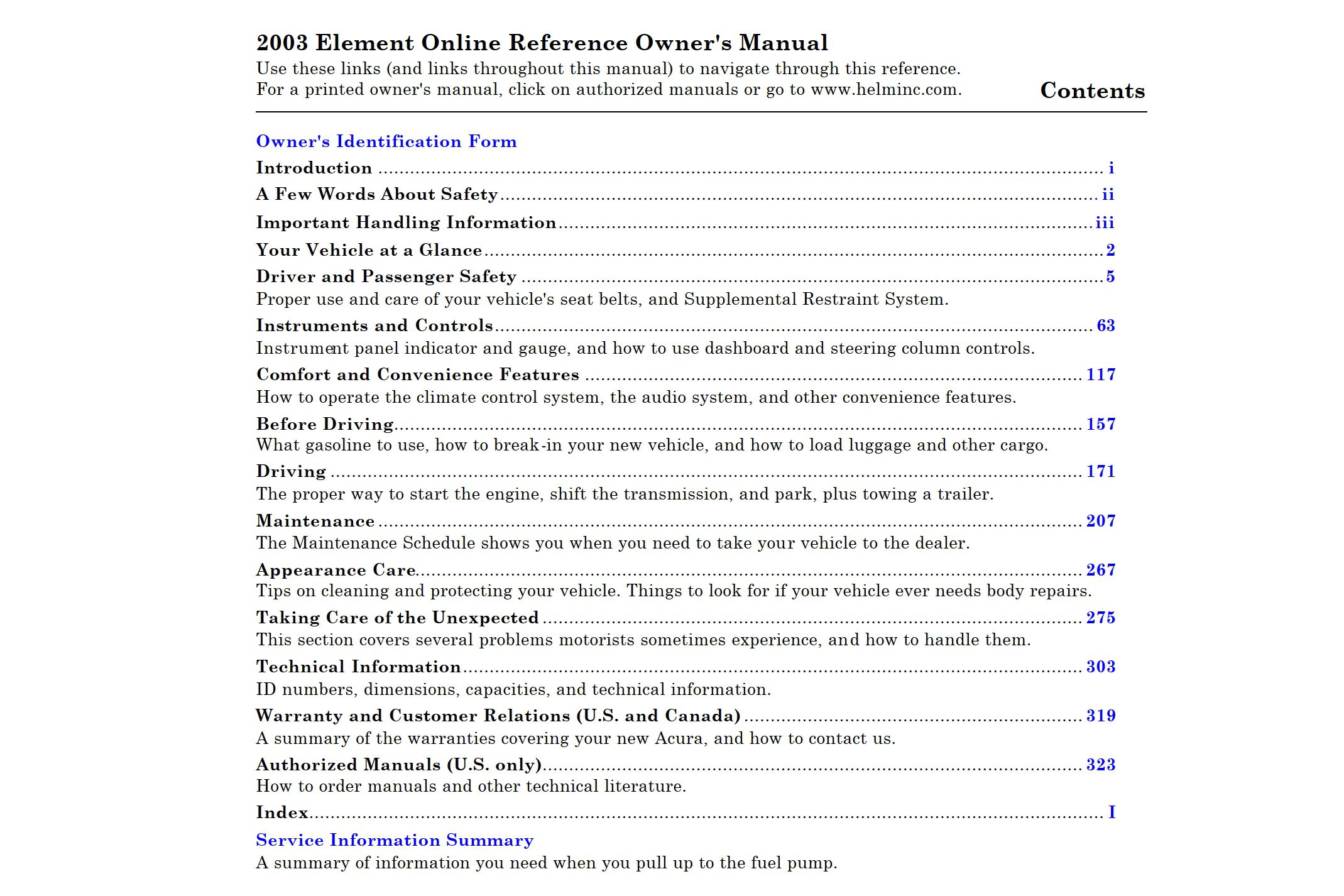 2003 honda element owner's manual