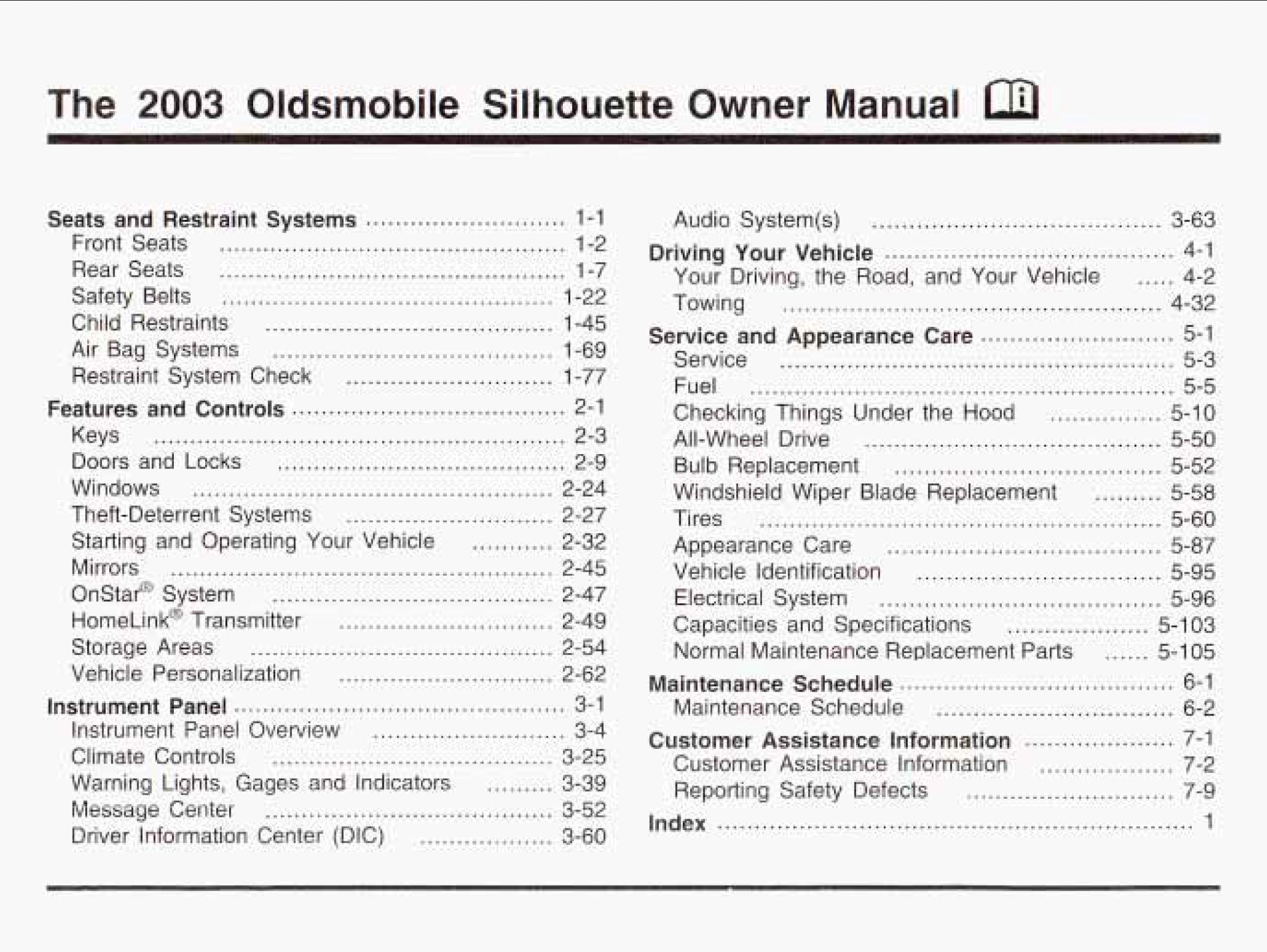 2003 oldsmobile silhouette owner's manual