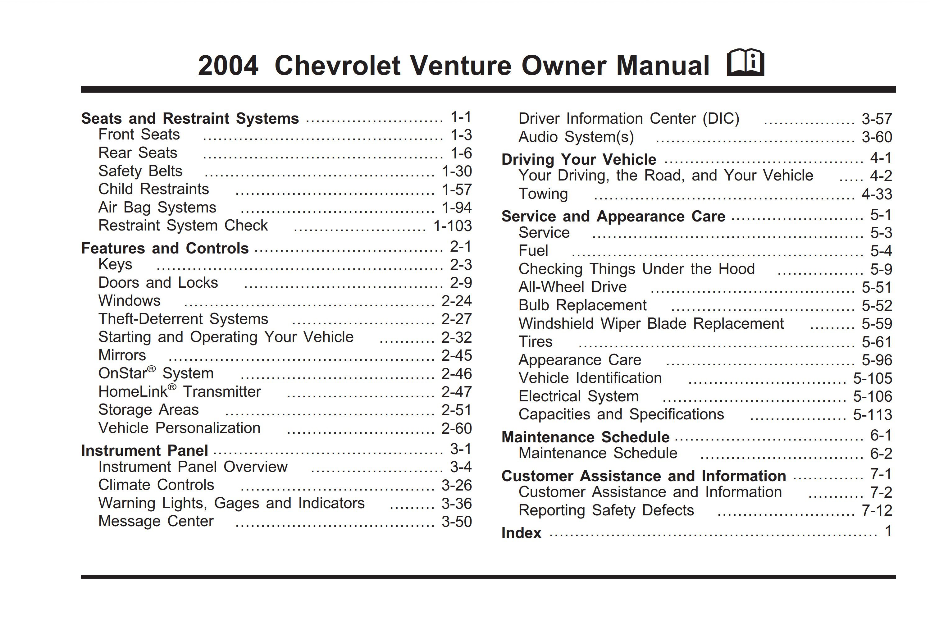 2004 chevrolet venture owner's manual