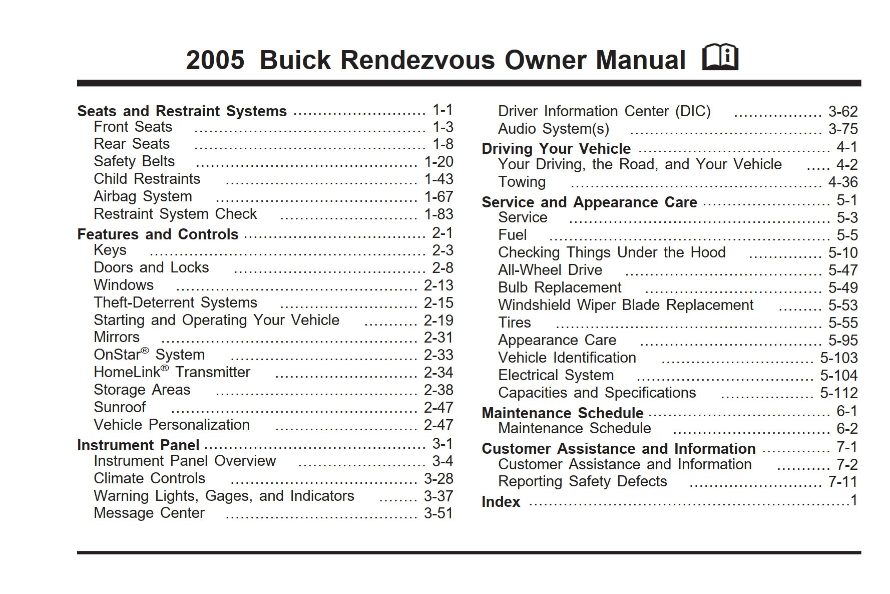 2005 buick rendezvous owner's manual