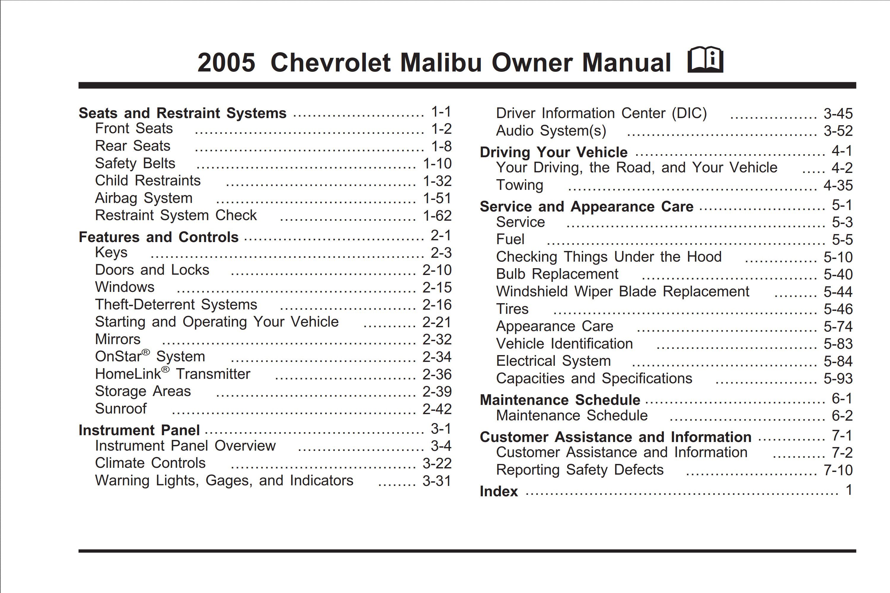 2005 chevrolet malibu owner's manual