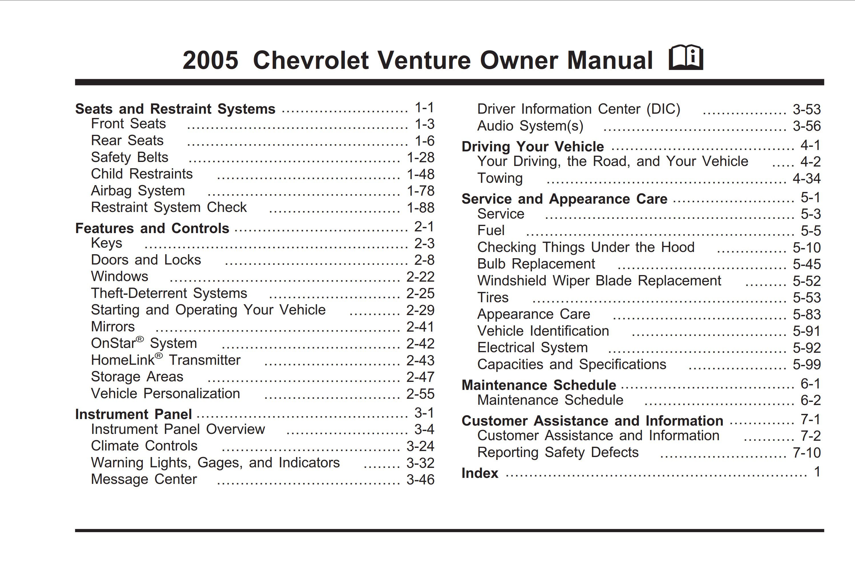 2005 chevrolet venture owner's manual