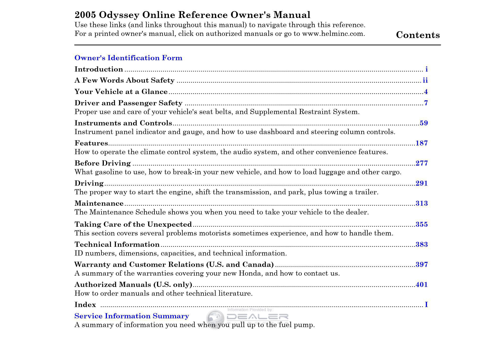 2005 honda odyssey owner's manual