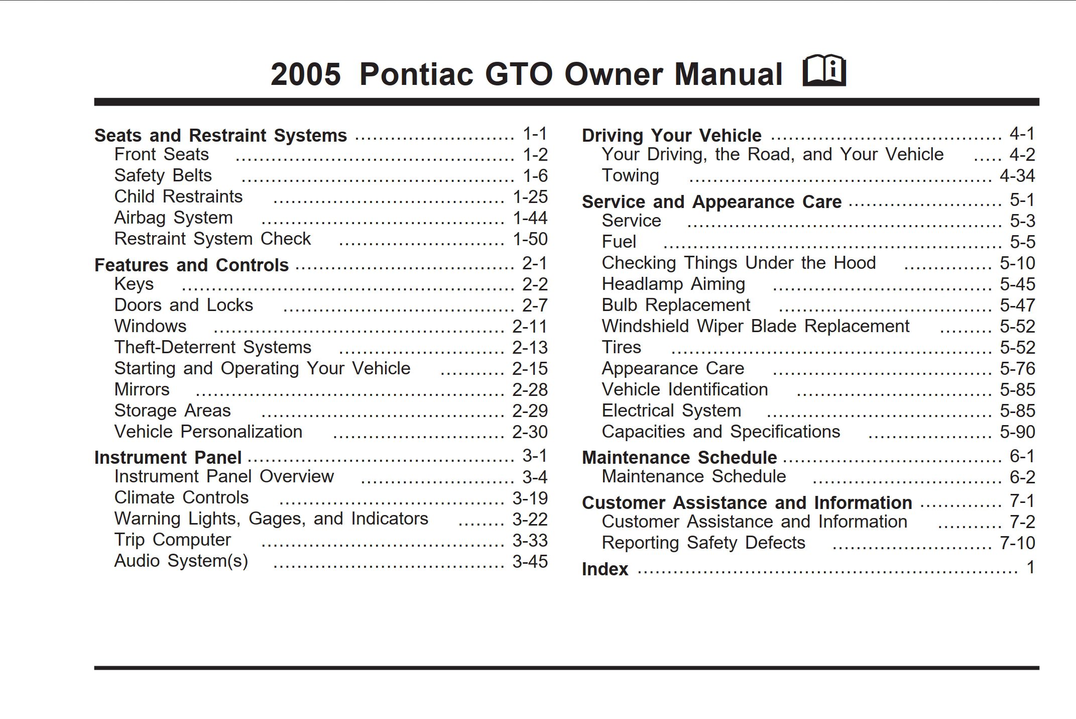 2005 pontiac gto owner's manual