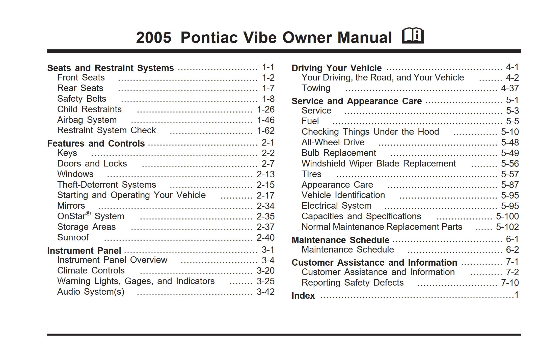 2005 pontiac vibe owner's manual