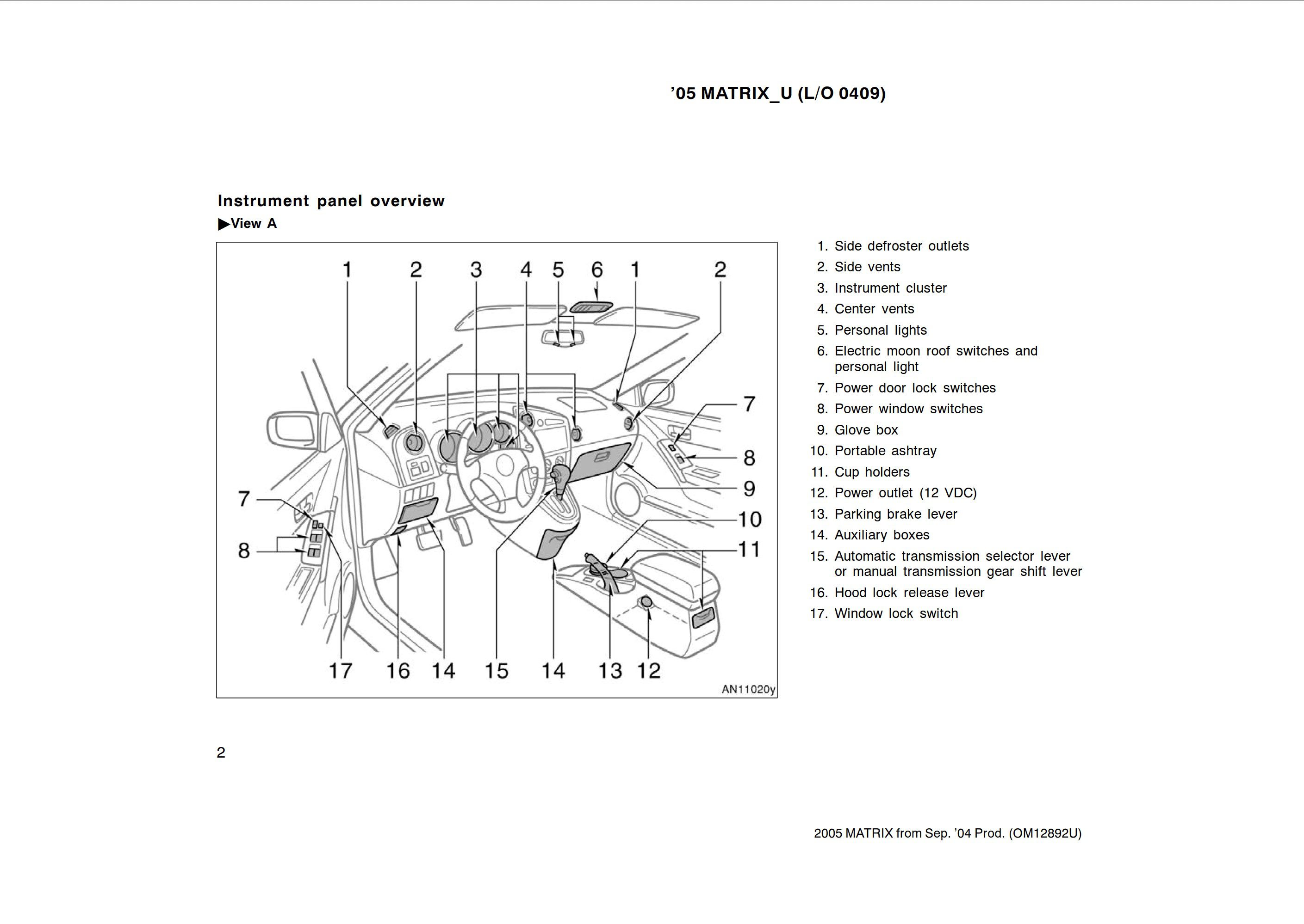 2005 toyota matrix owner's manual