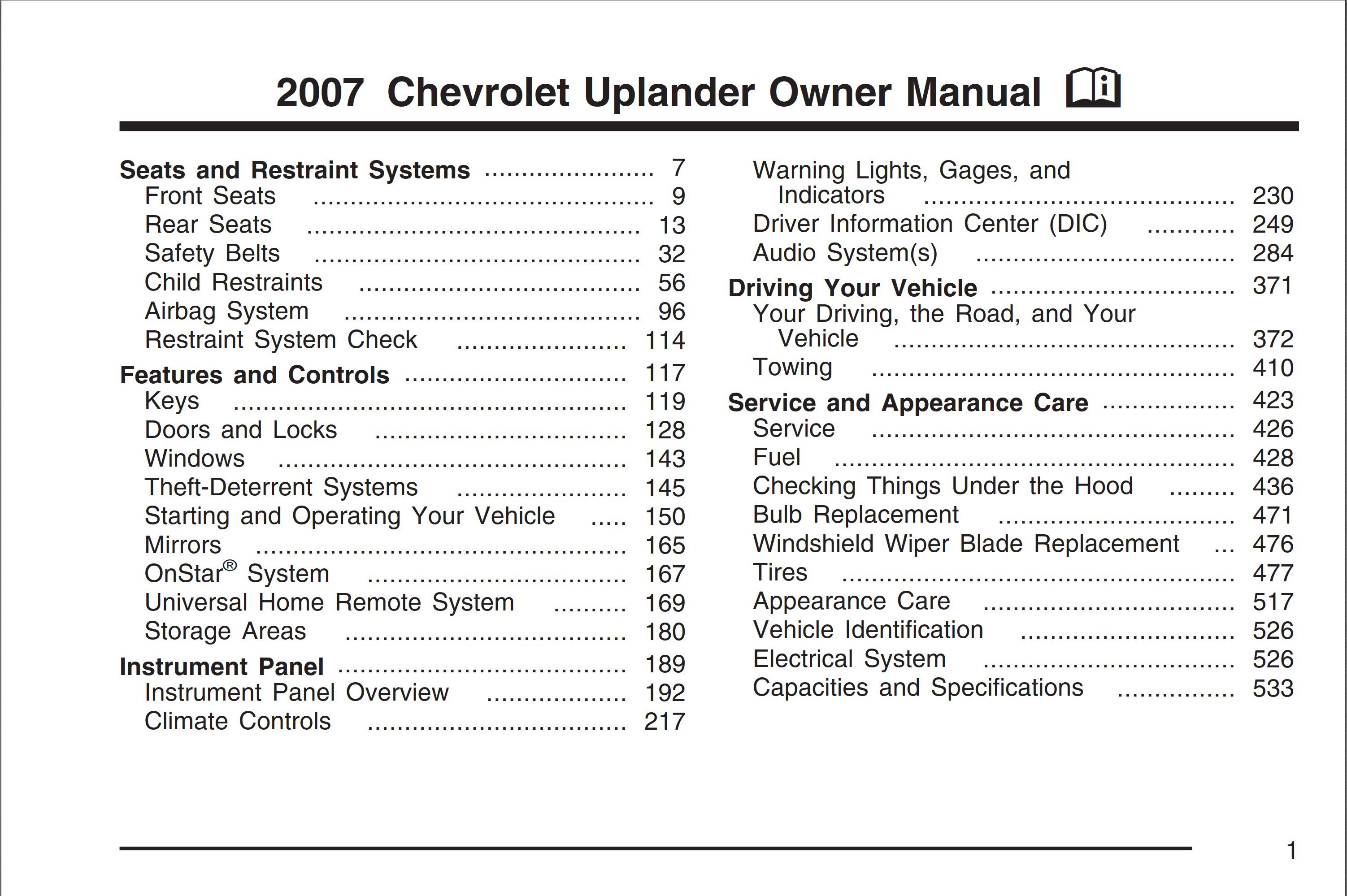 2007 chevrolet uplander owner's manual