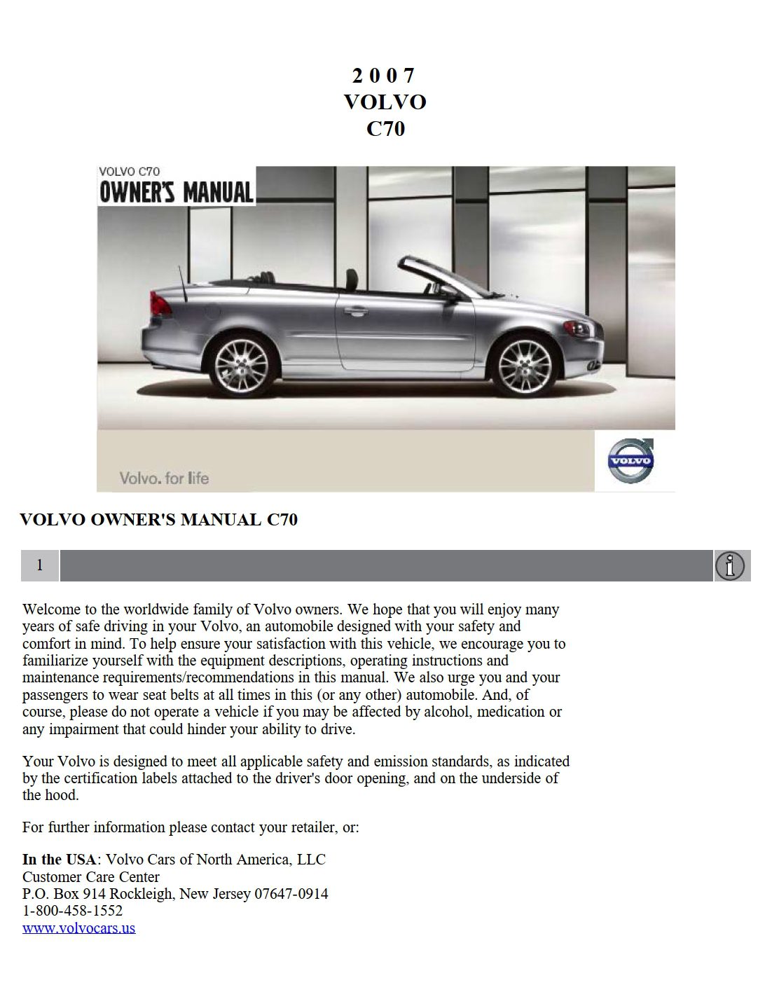 2007 volvo c70 owner's manual