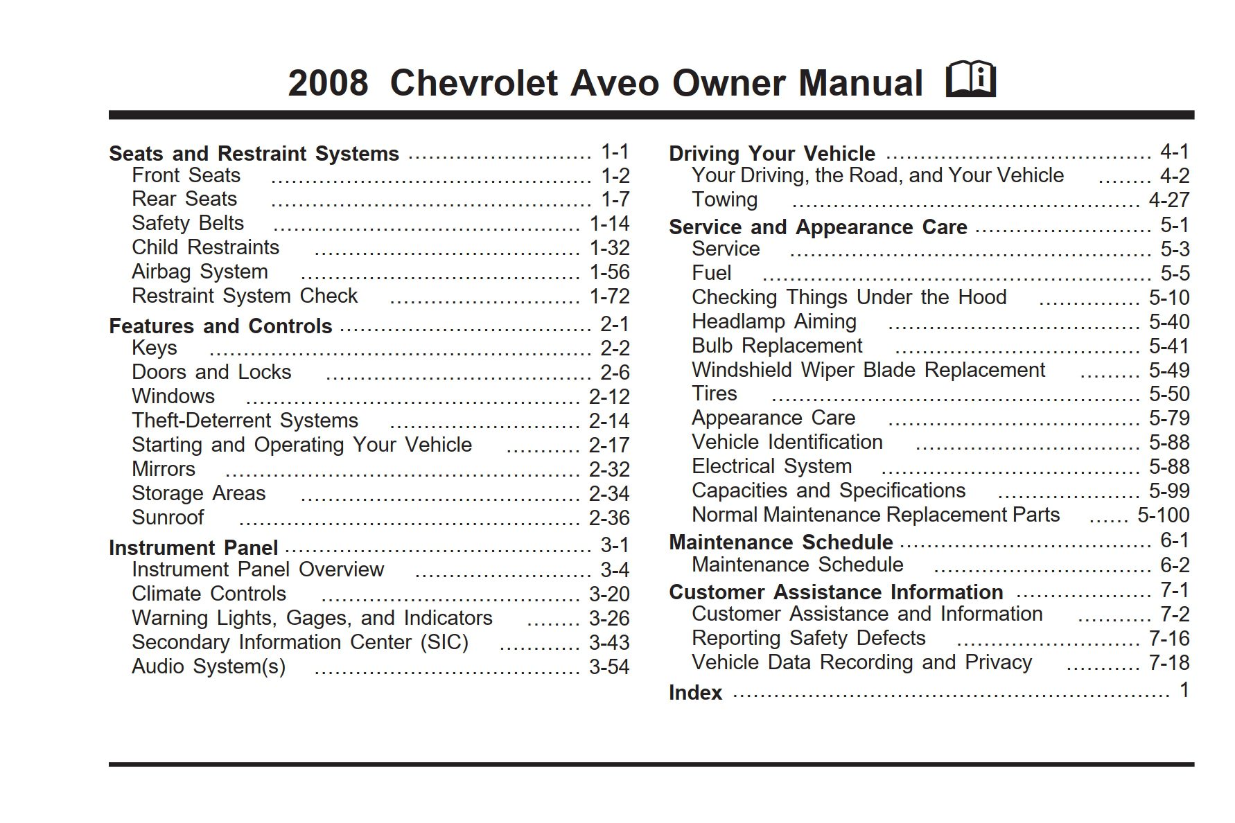 2008 chevrolet aveo owner's manual