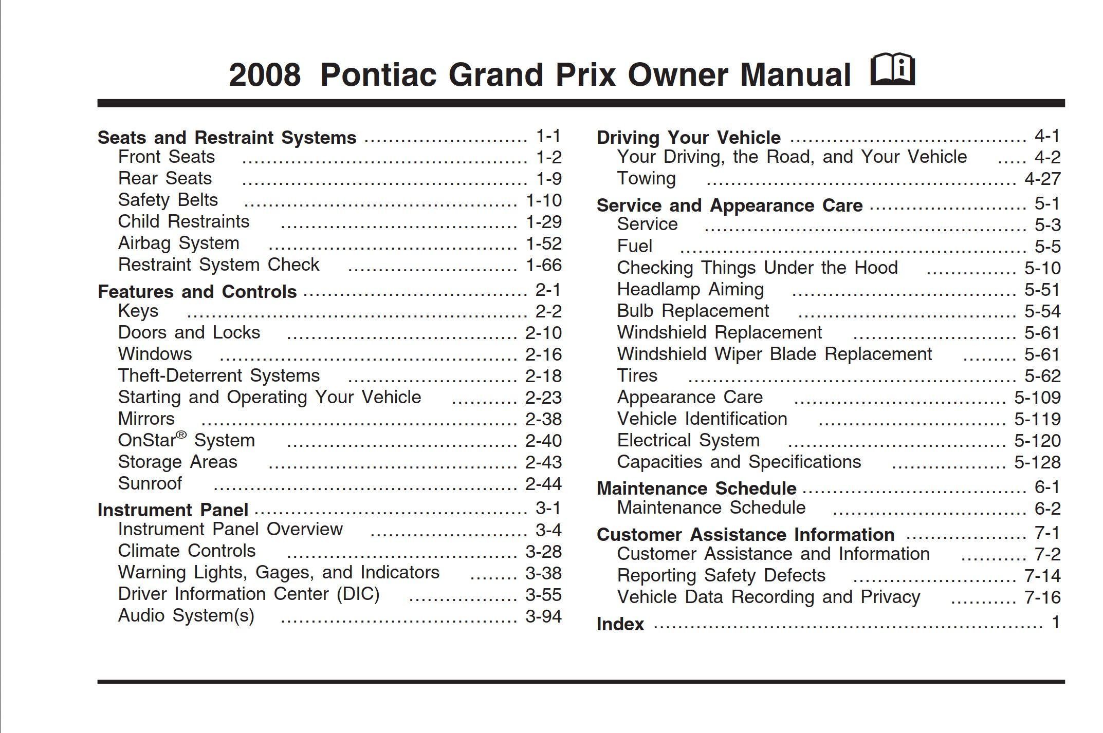 2008 pontiac grand prix owner's manual