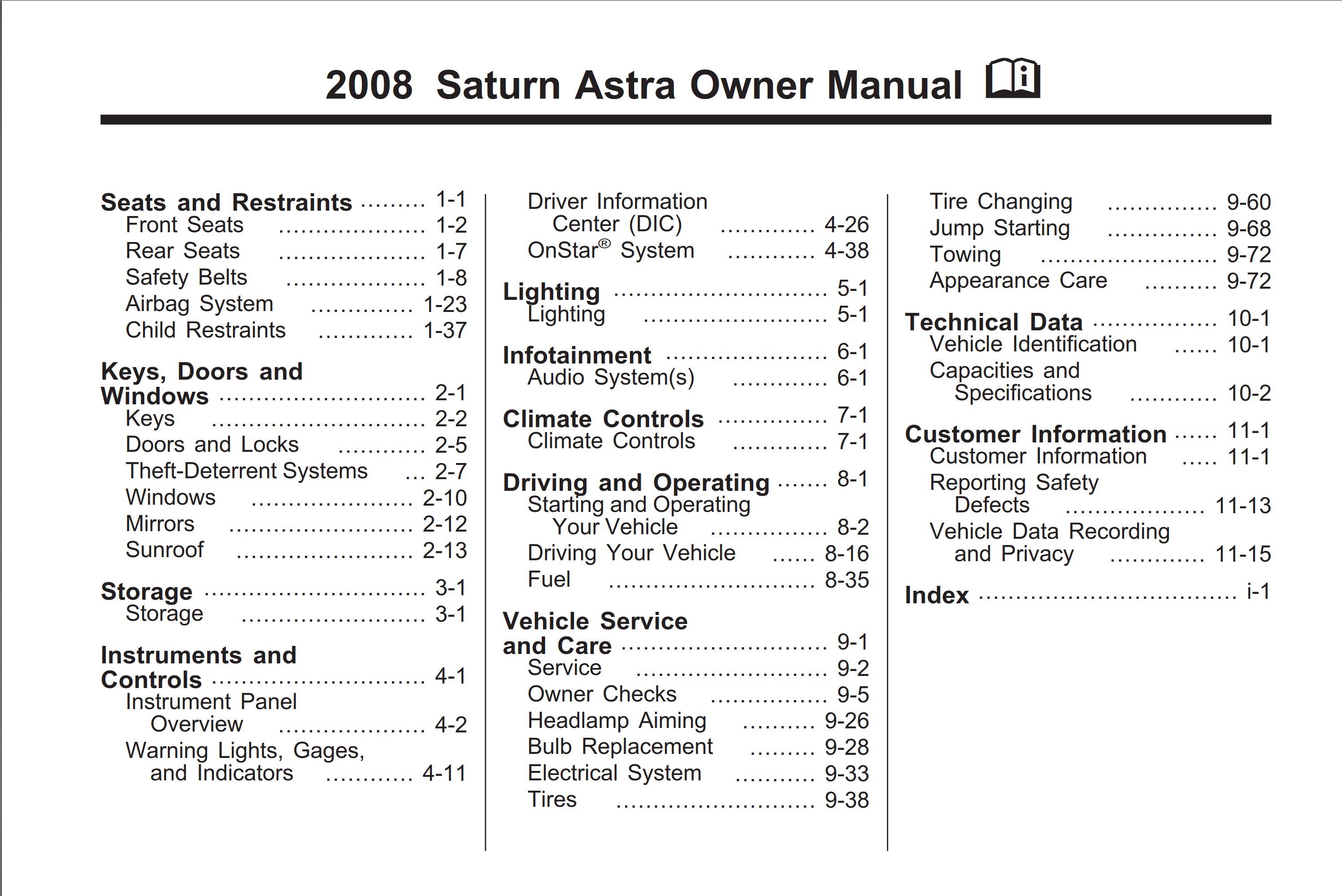 2008 saturn astra owner's manual