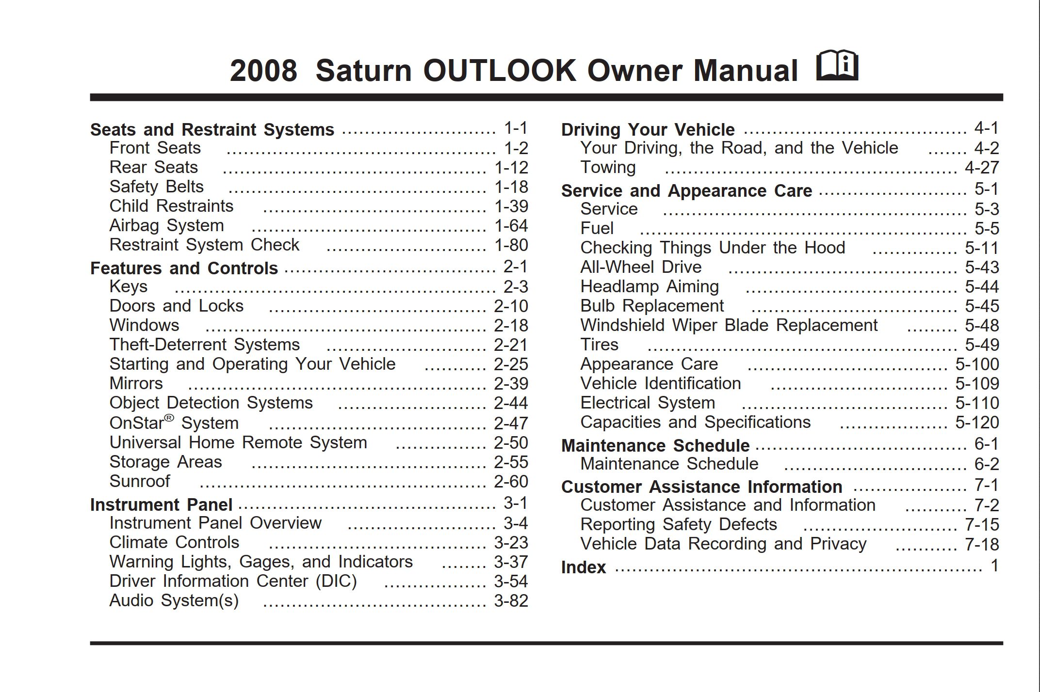 2008 saturn outlook owner's manual