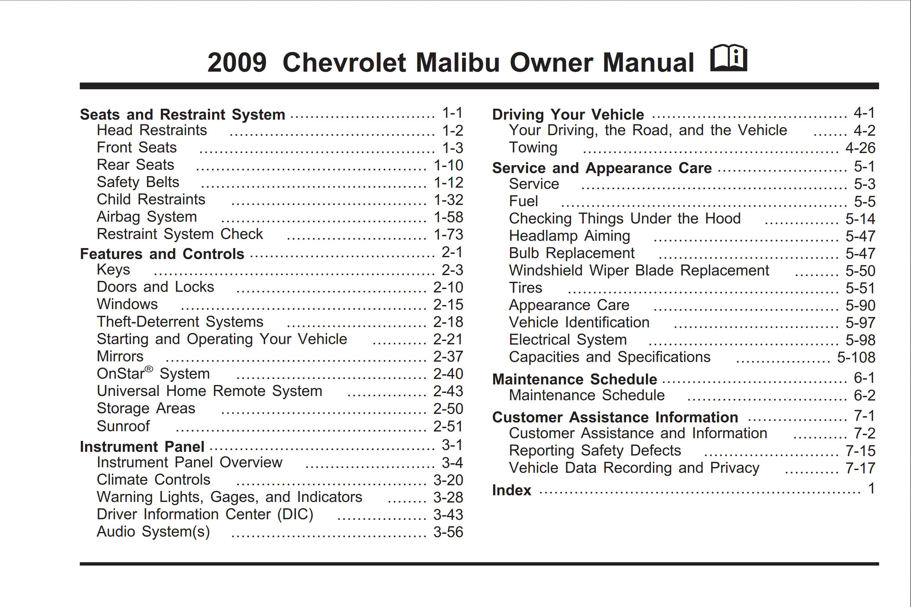 2009 chevrolet malibu owner's manual