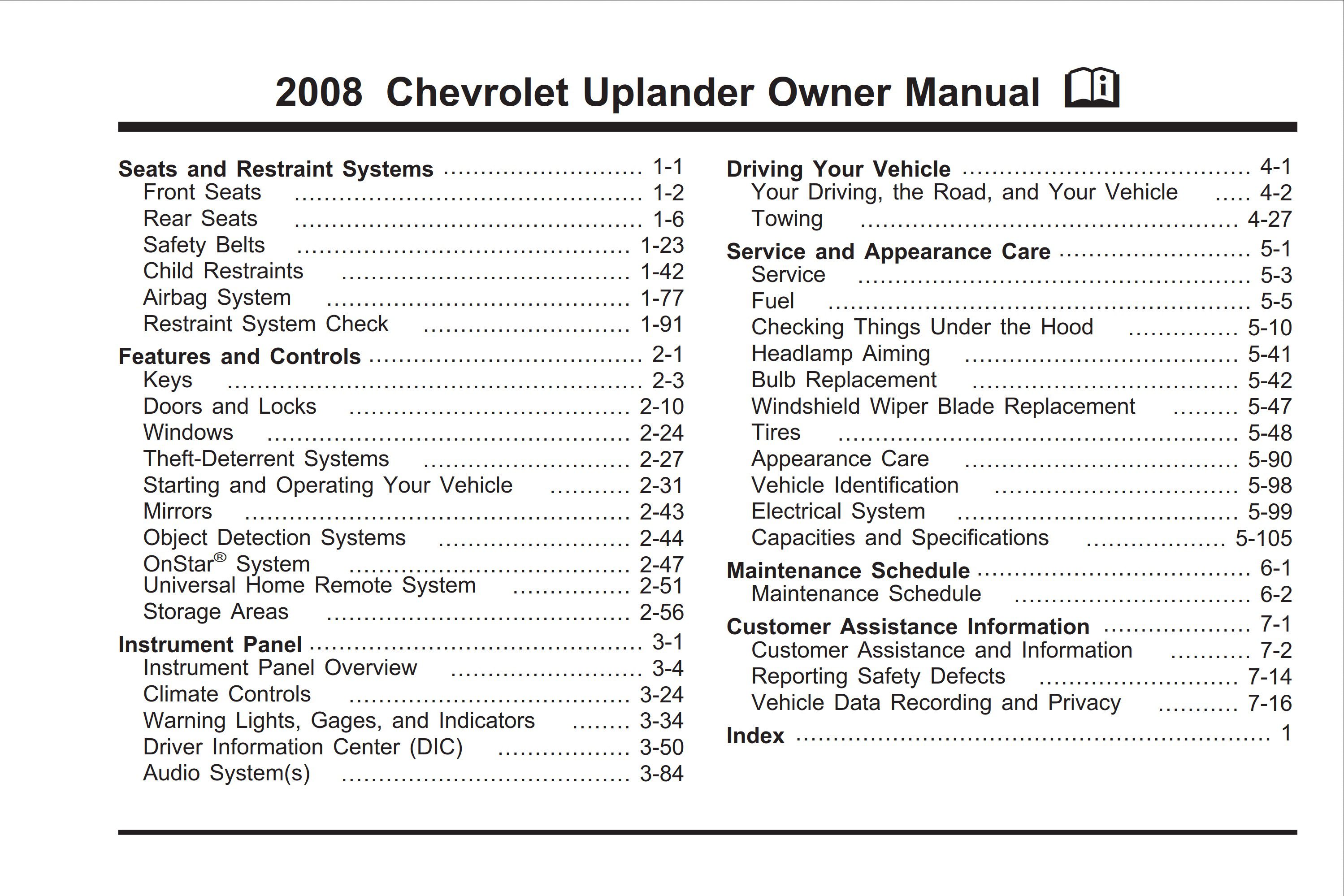 2009 chevrolet uplander owner's manual