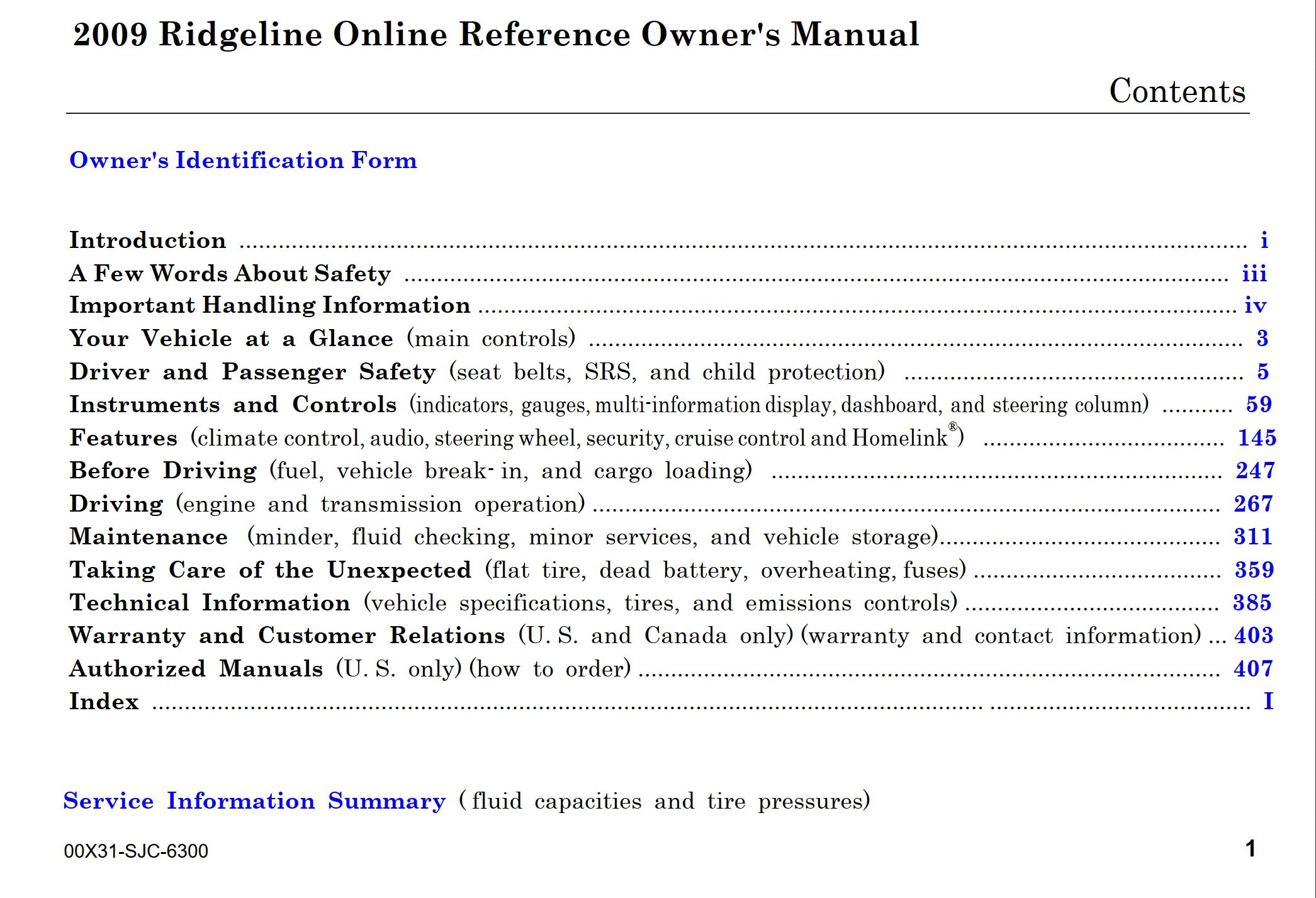 2009 honda ridgeline owner's manual