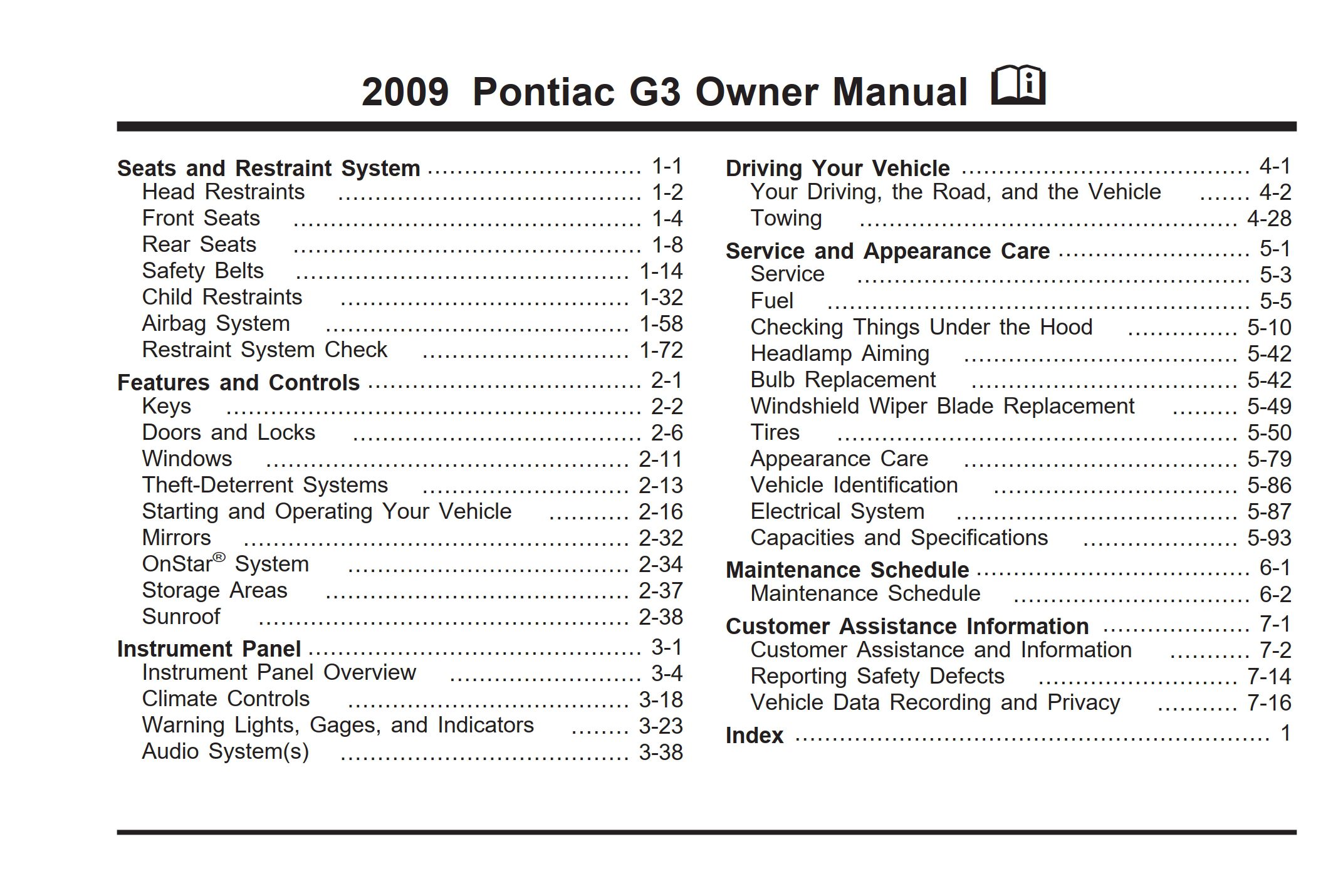 2009 pontiac g3 owner's manual