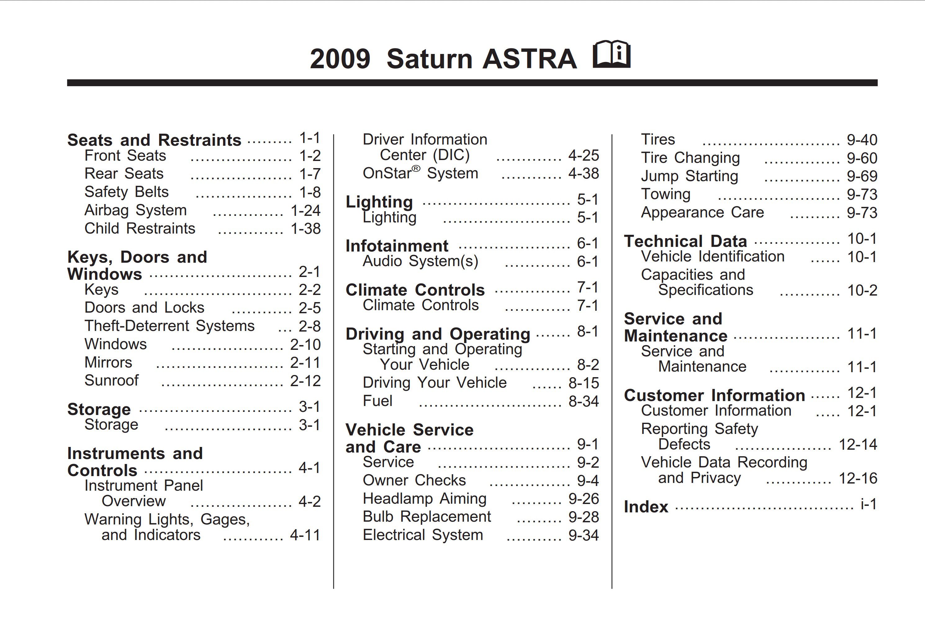 2009 saturn astra owner's manual