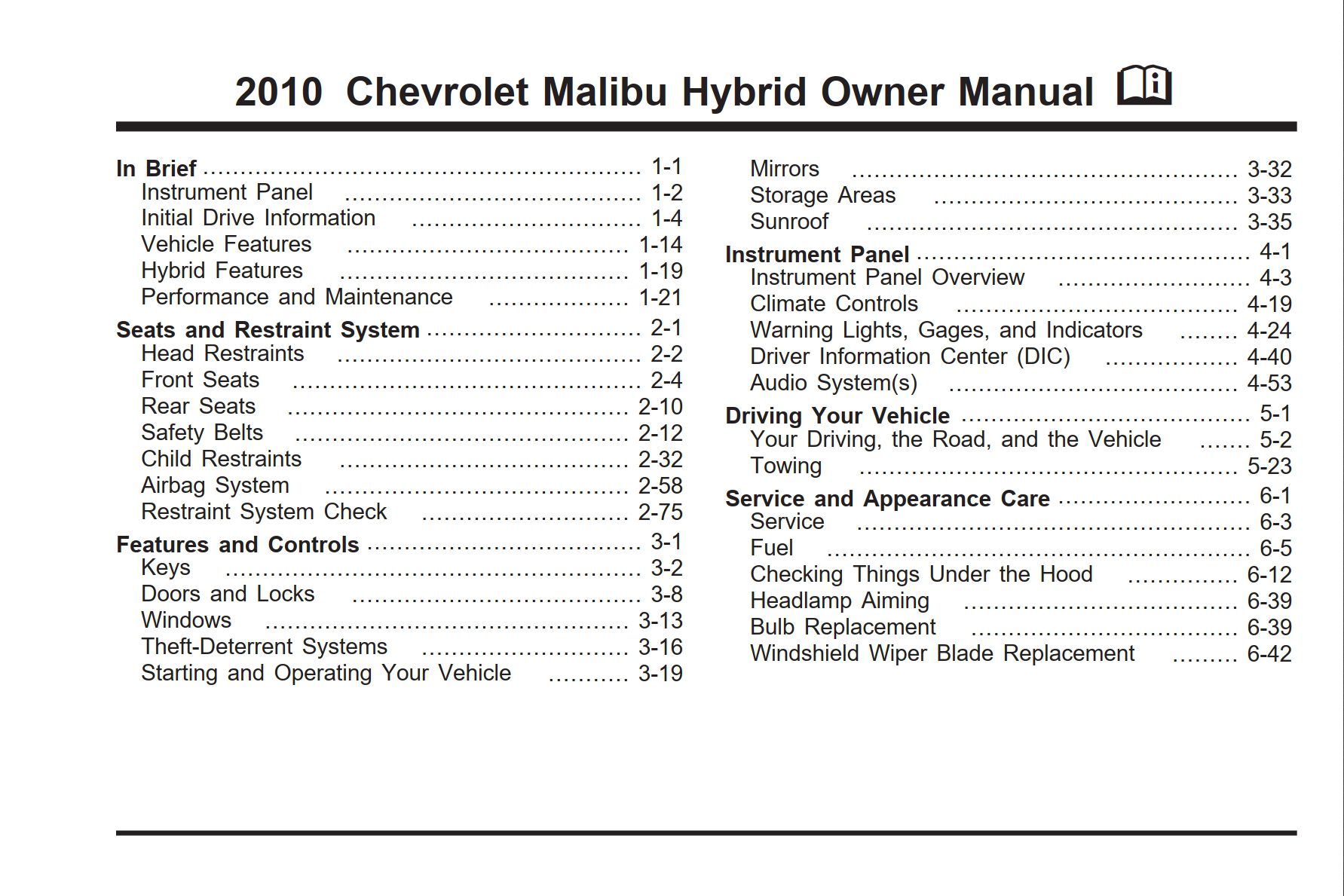 2010 chevrolet malibu hybrid owner manual