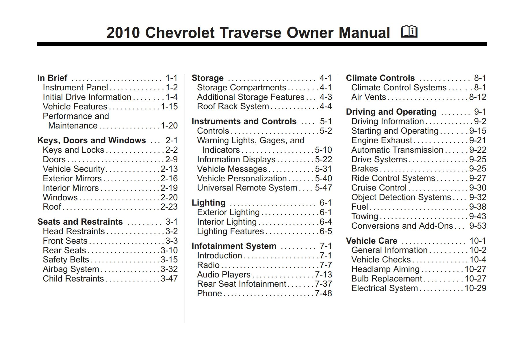 2010 chevrolet traverse owner manual