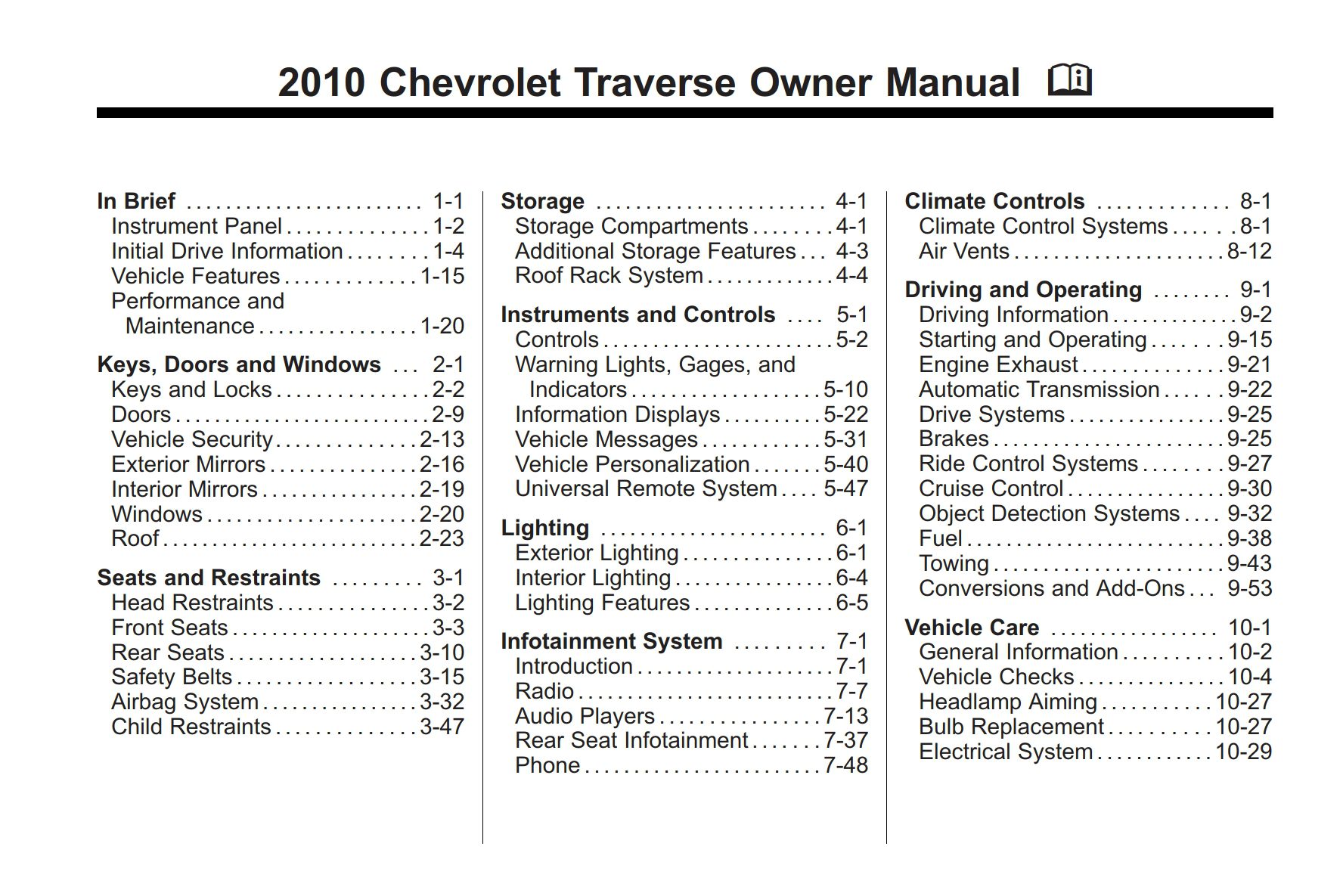 2010 chevrolet traverse owner's manual