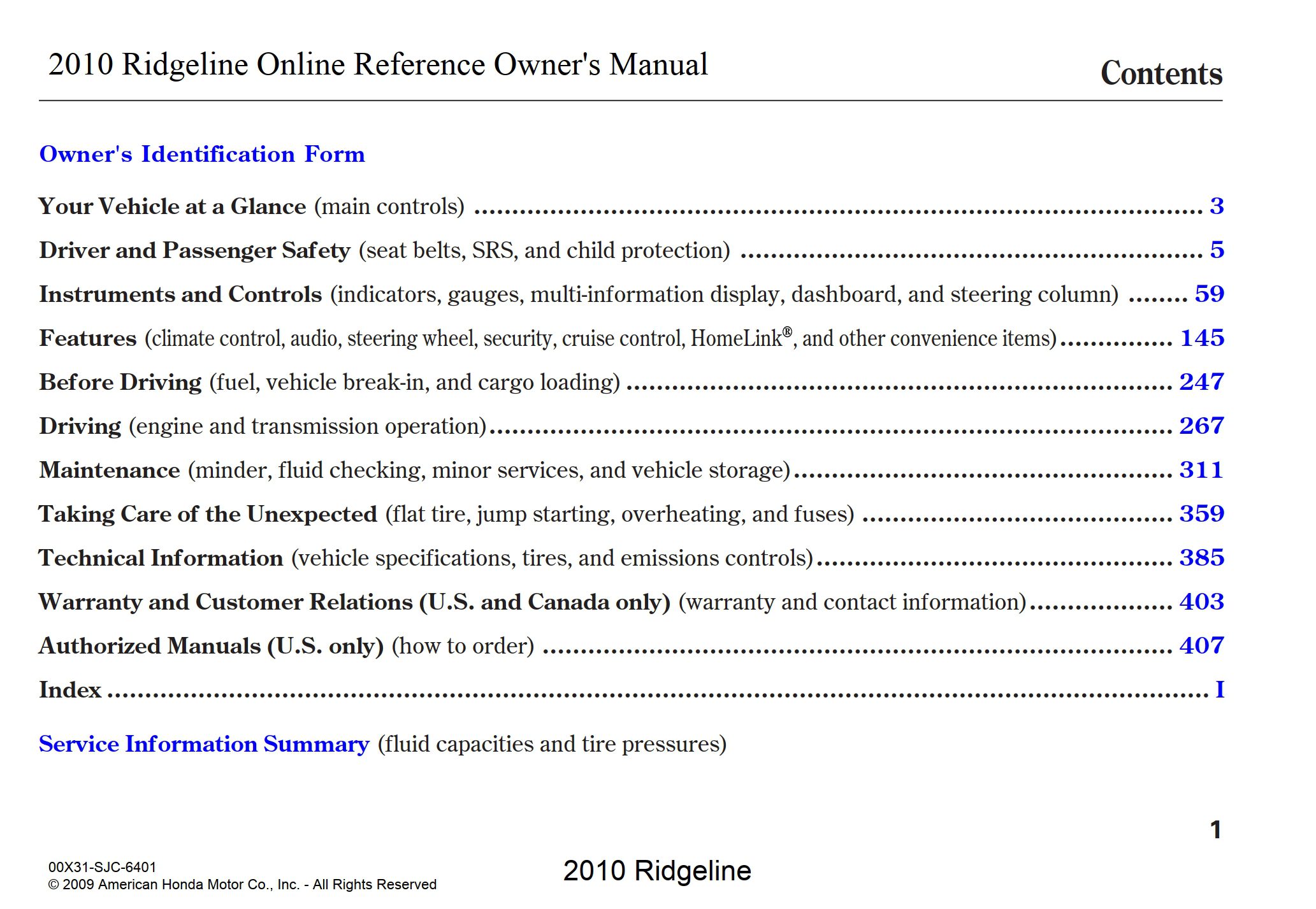 2010 honda ridgeline owner's manual