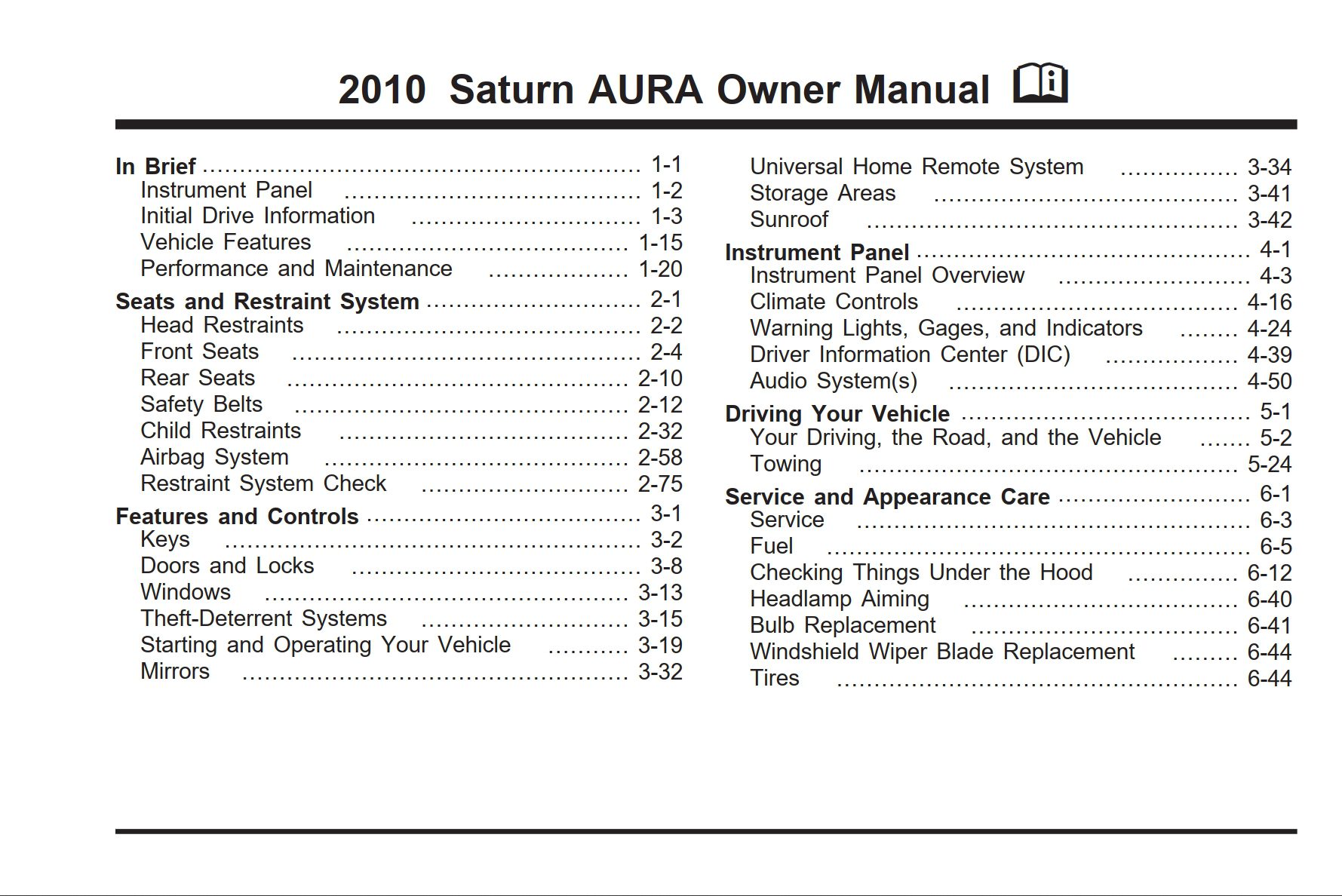 2010 saturn aura owner manual