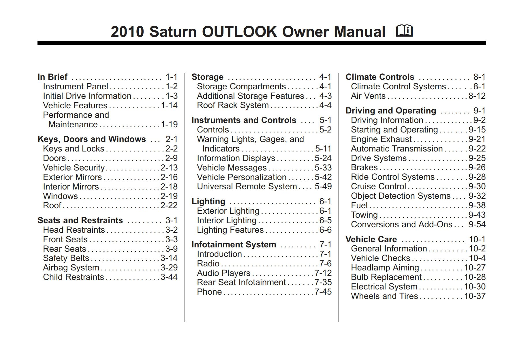 2010 saturn outlook owner manual