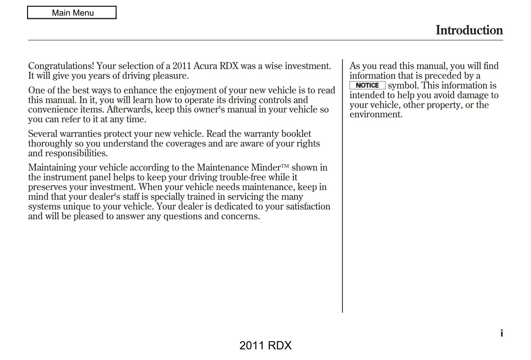 2011 acura rdx owner's manual