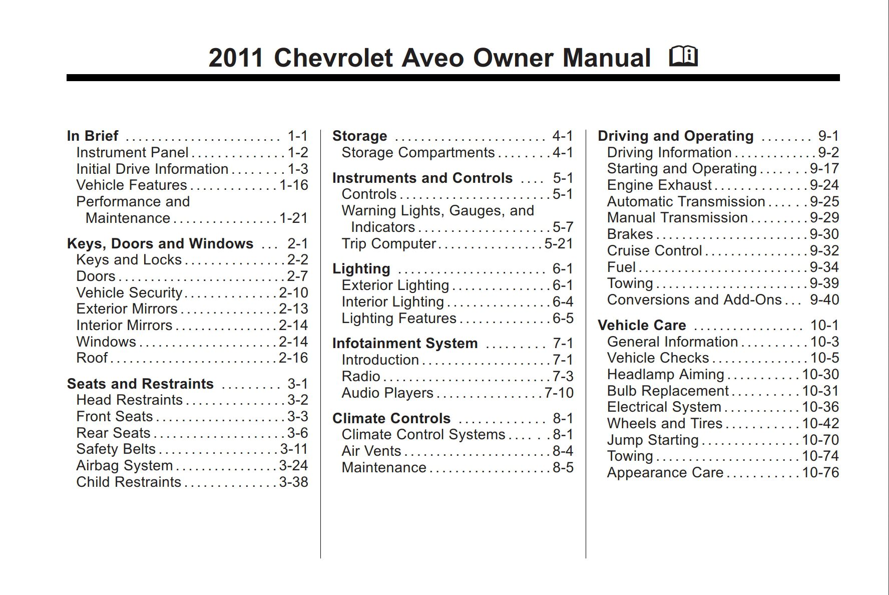 2011 chevrolet aveo owner's manual