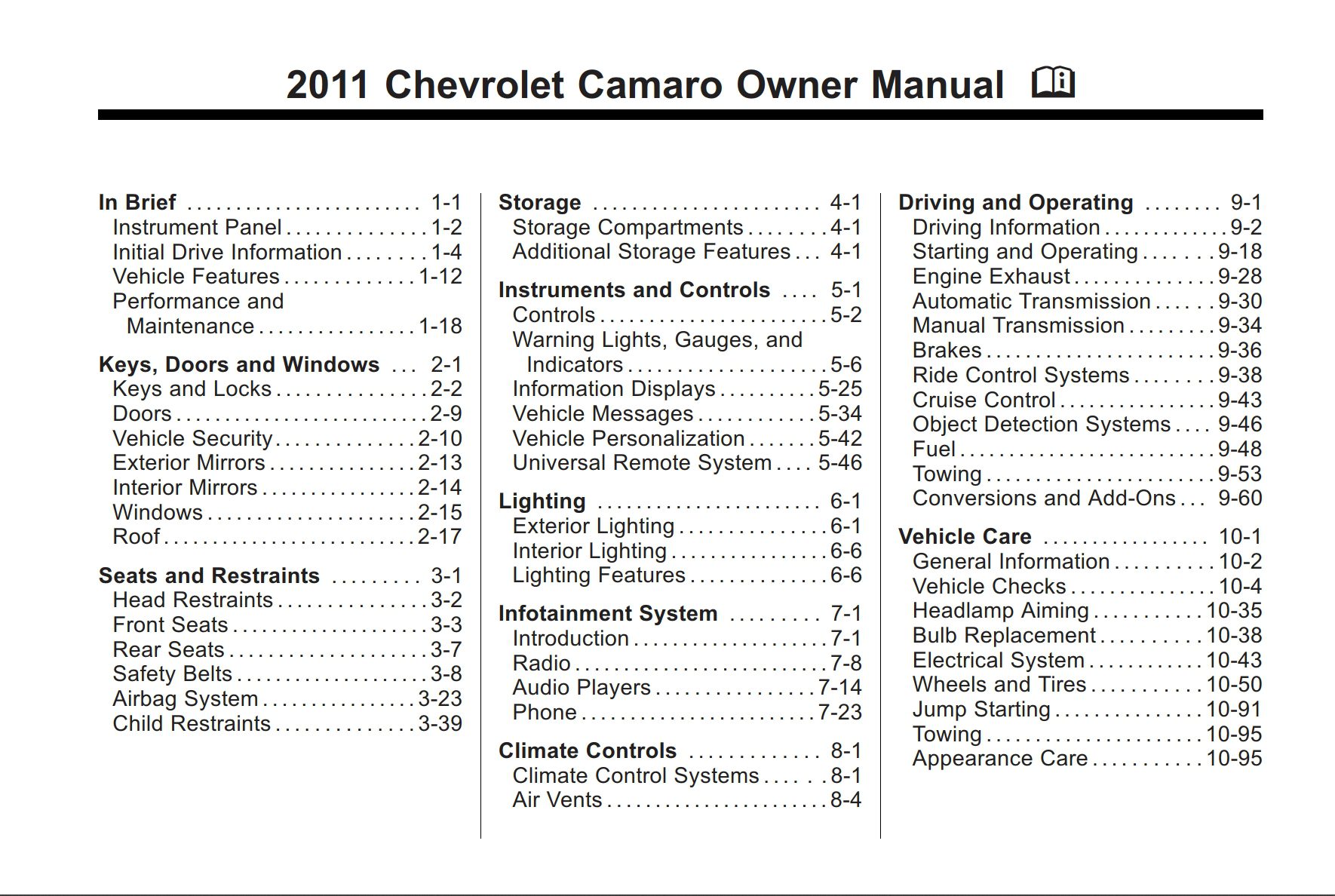 2011 chevrolet camaro owner's manual